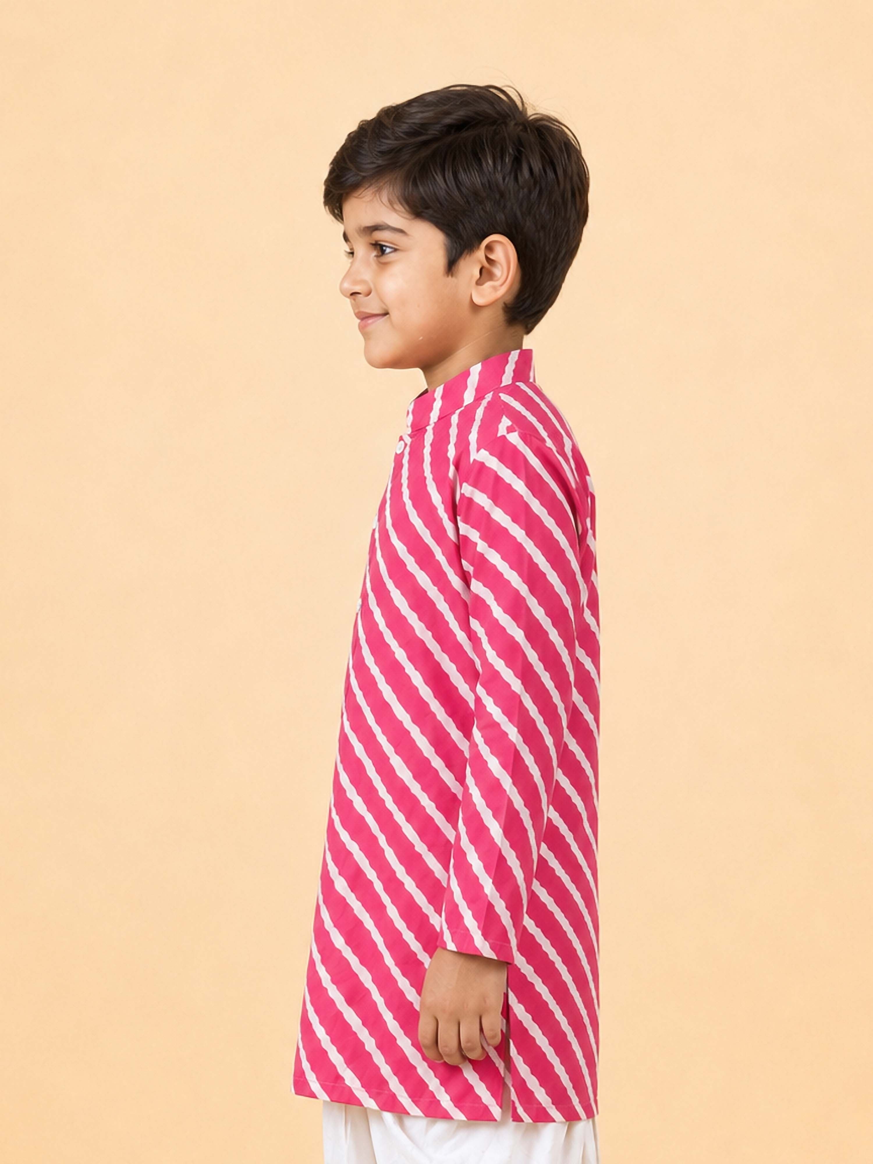 Boy's Pink Cotton Striped Knee Length Kurta