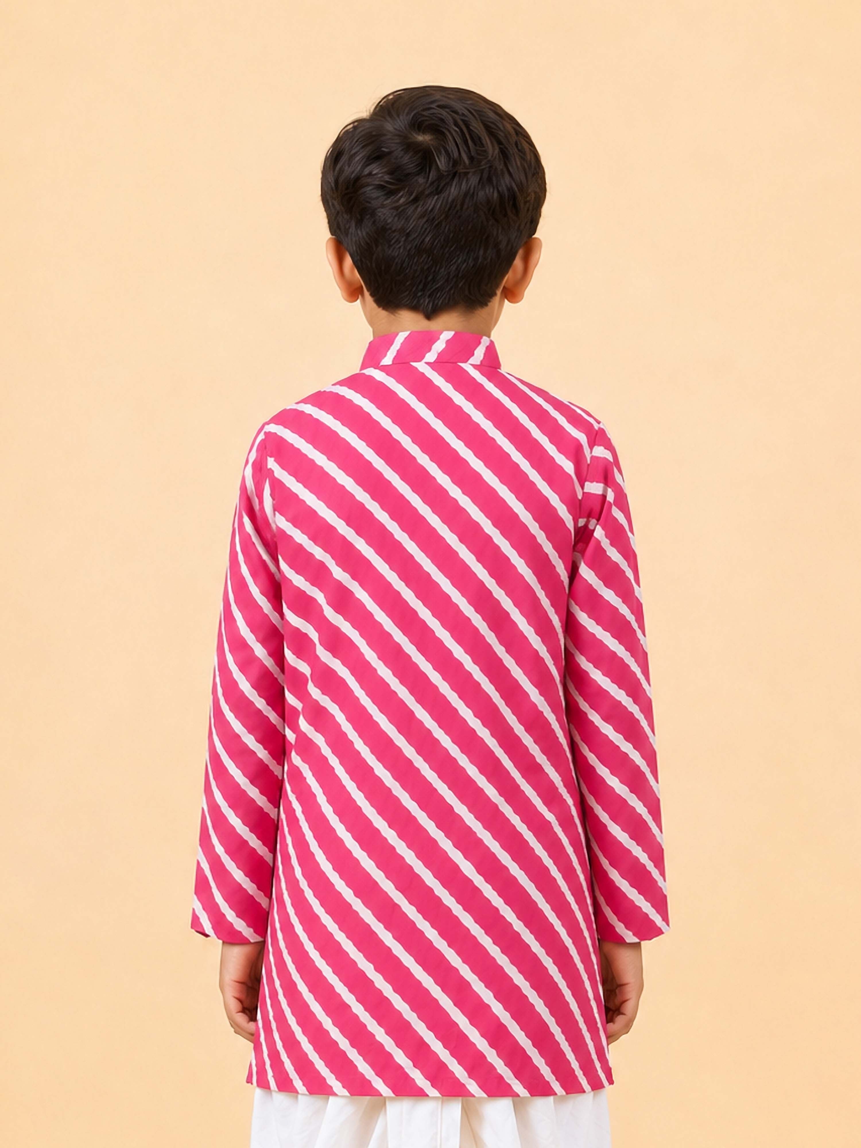 Boy's Pink Cotton Striped Knee Length Kurta