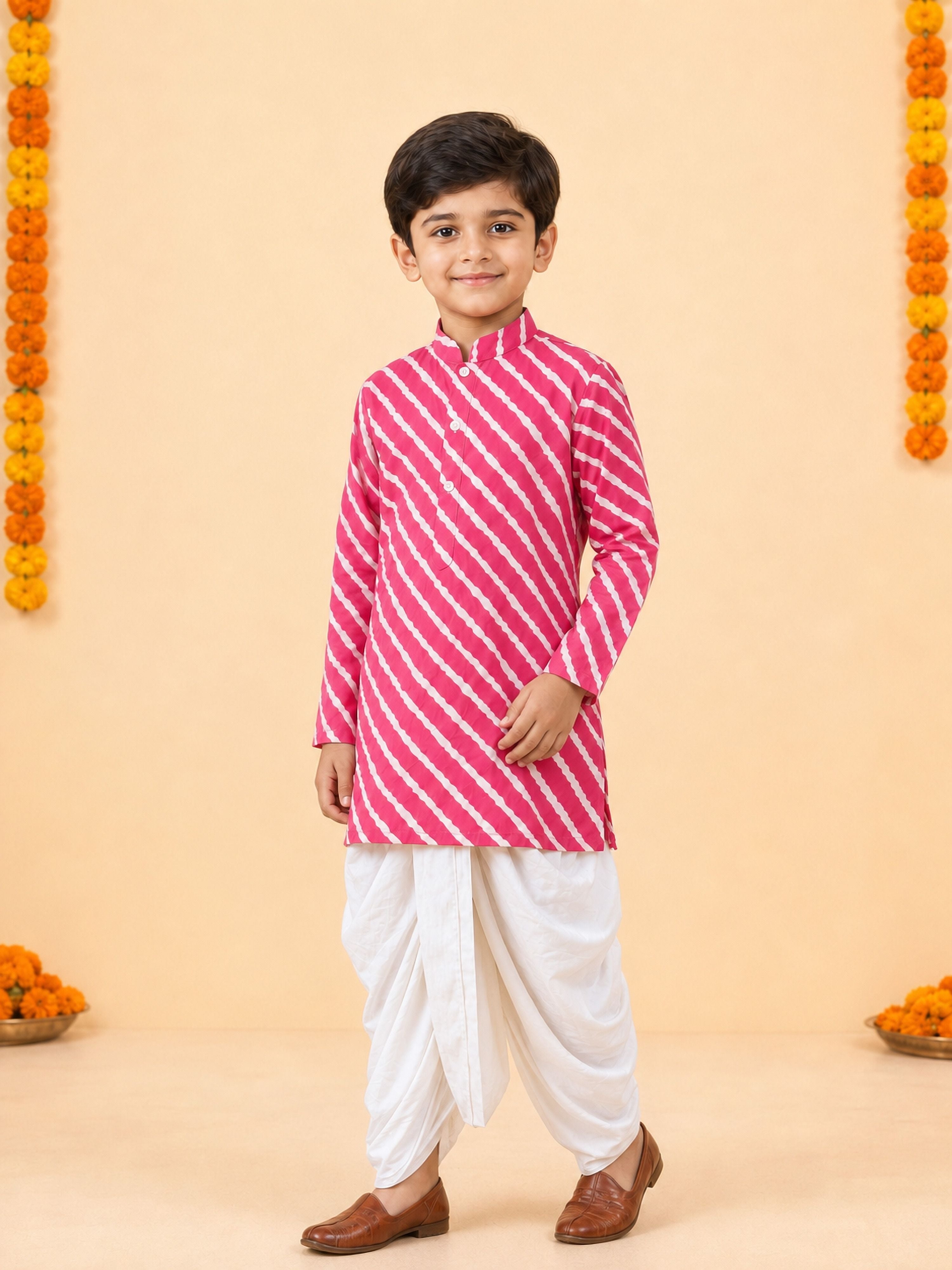Boy's Pink Cotton Striped Knee Length Kurta