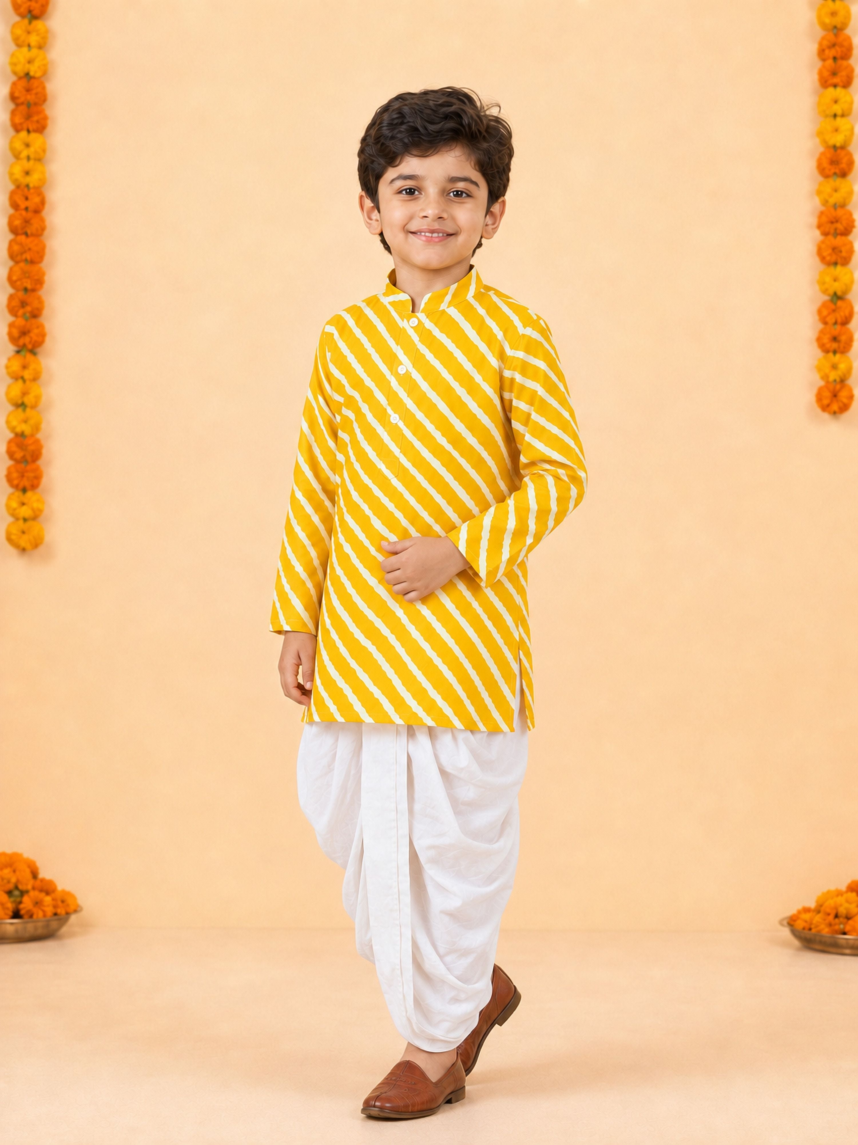 Boy's Yellow Cotton Striped Knee Length Kurta