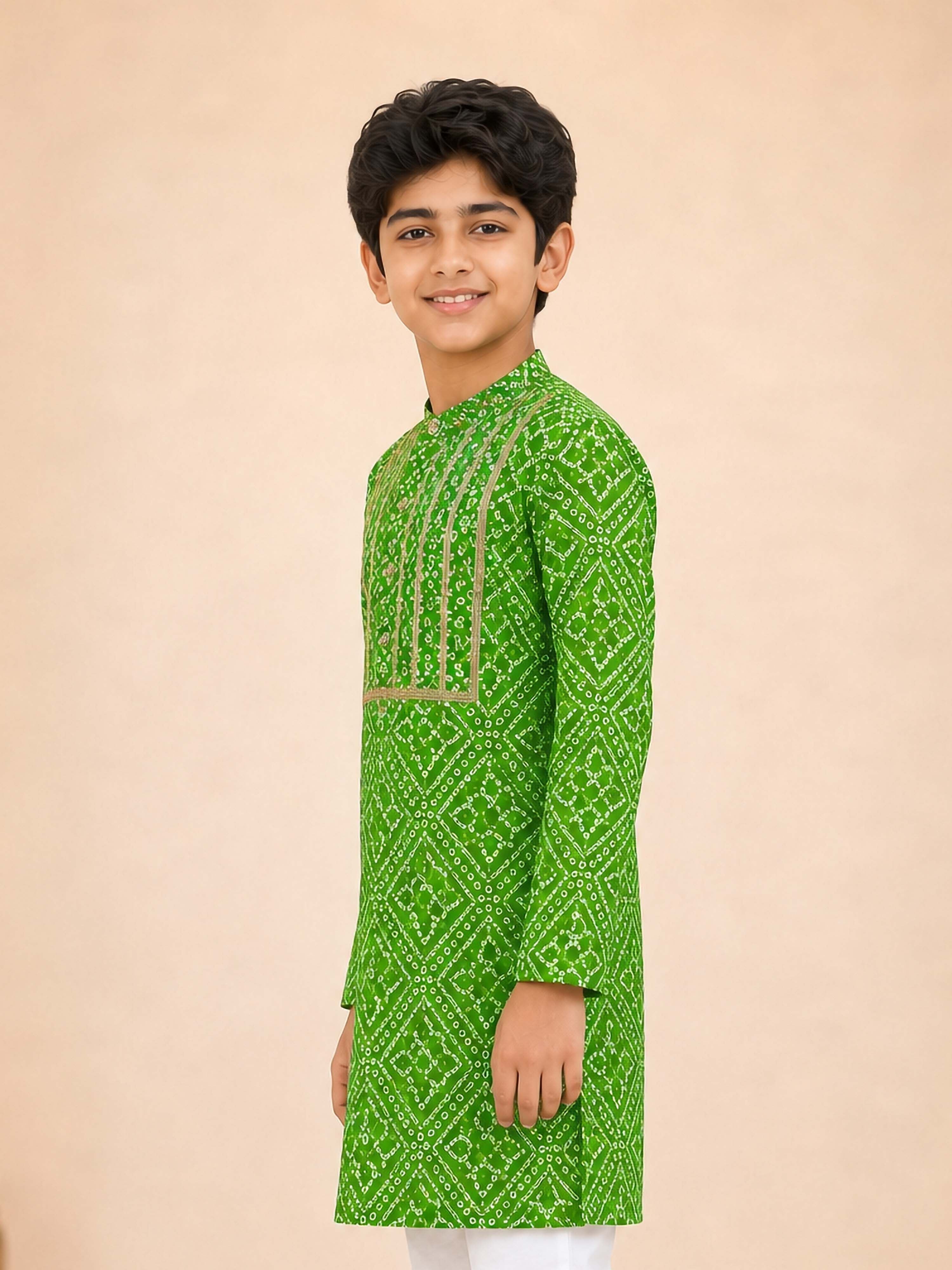 Boy's Green Cotton Digital Print Knee Length Kurta