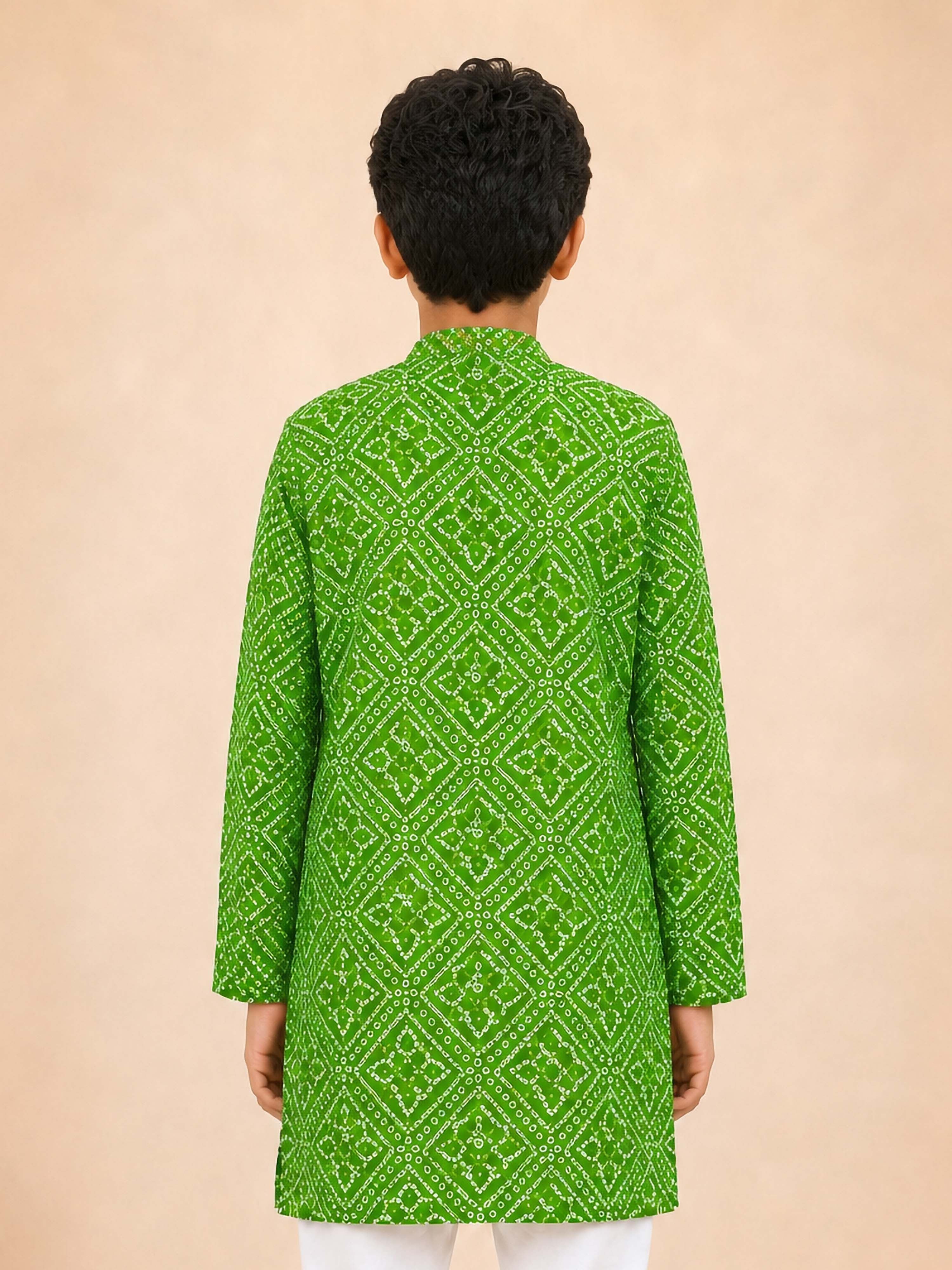 Boy's Green Cotton Digital Print Knee Length Kurta