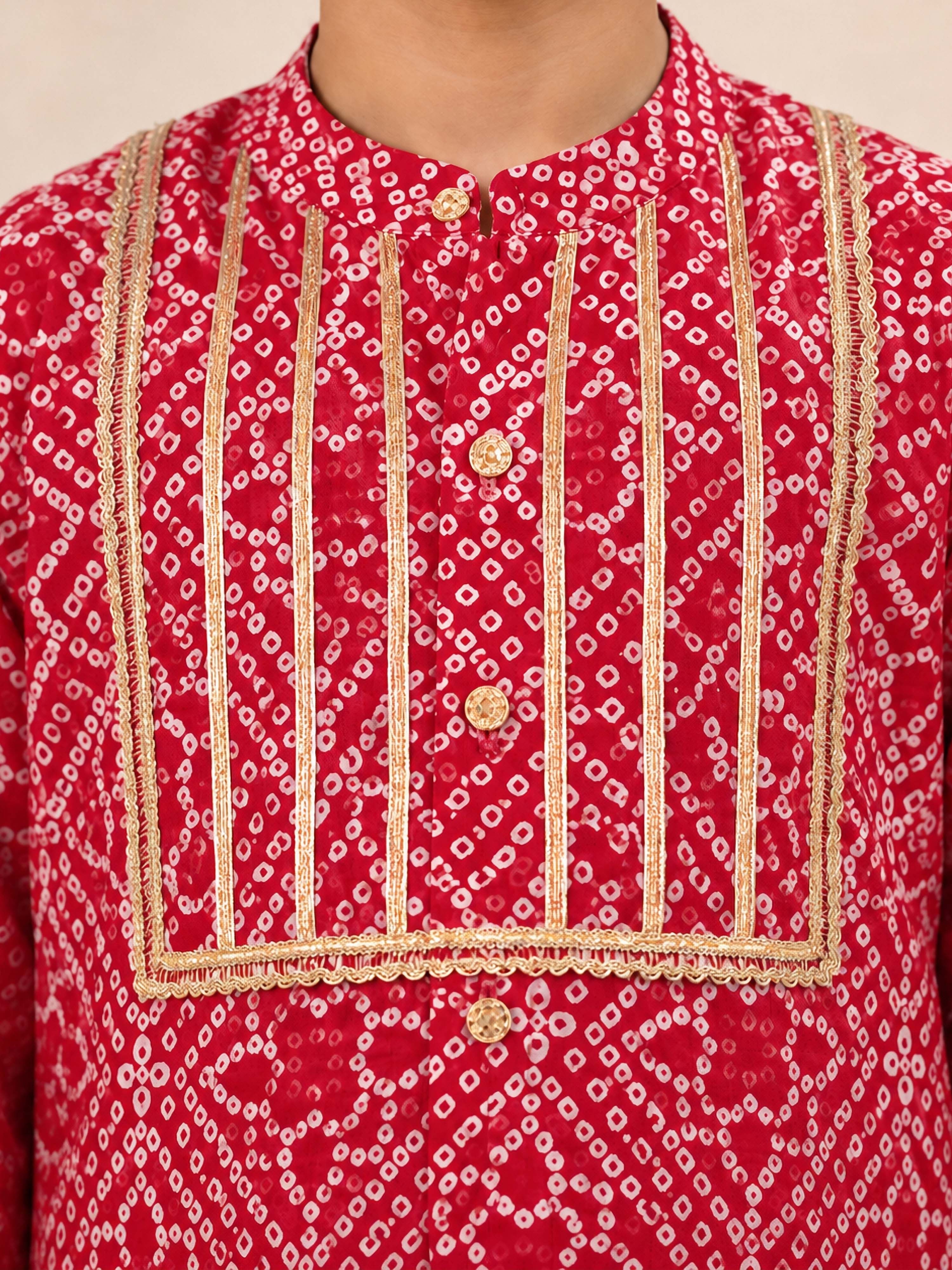 Boy's Red Cotton Digital Print Knee Length Kurta