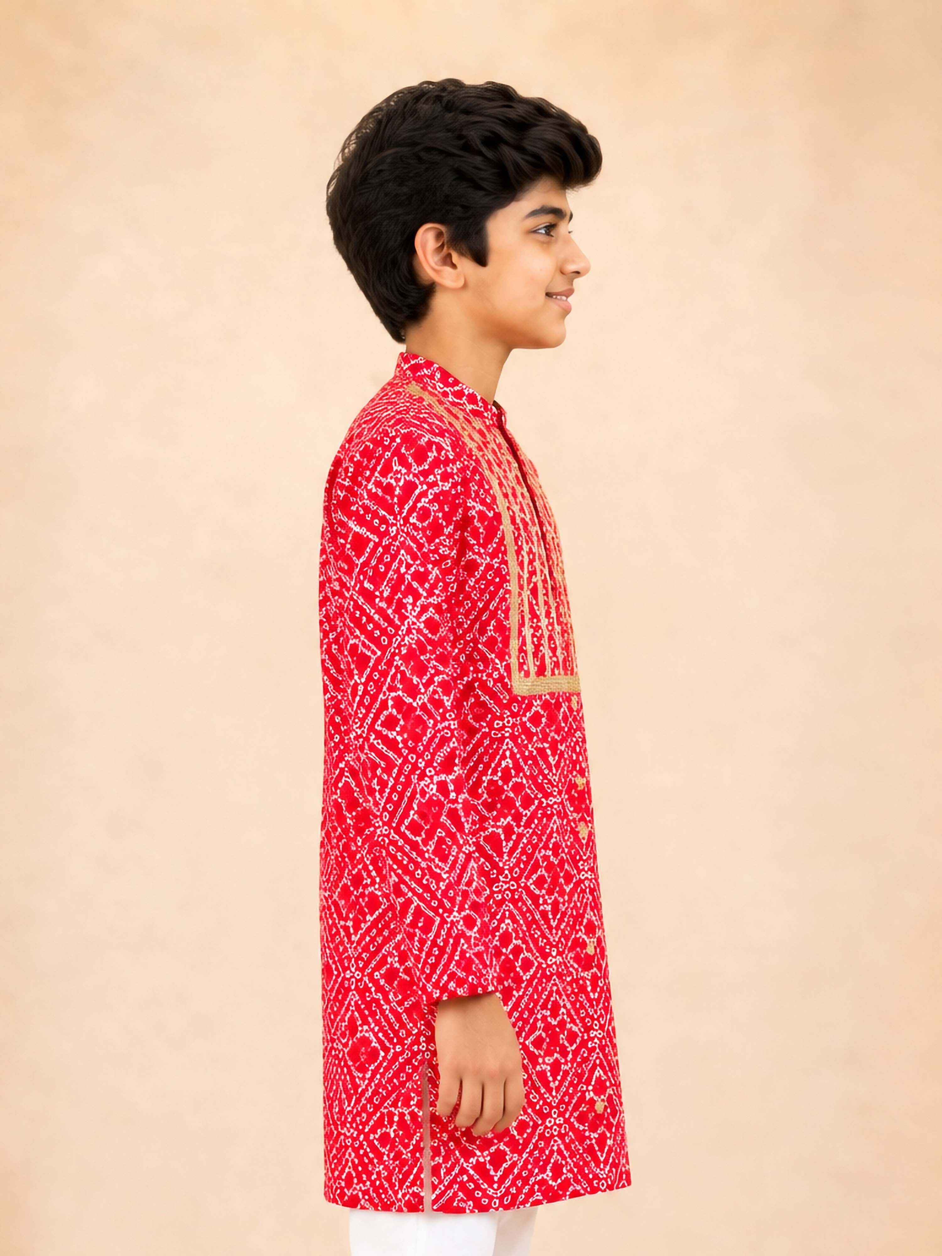 Boy's Red Cotton Digital Print Knee Length Kurta