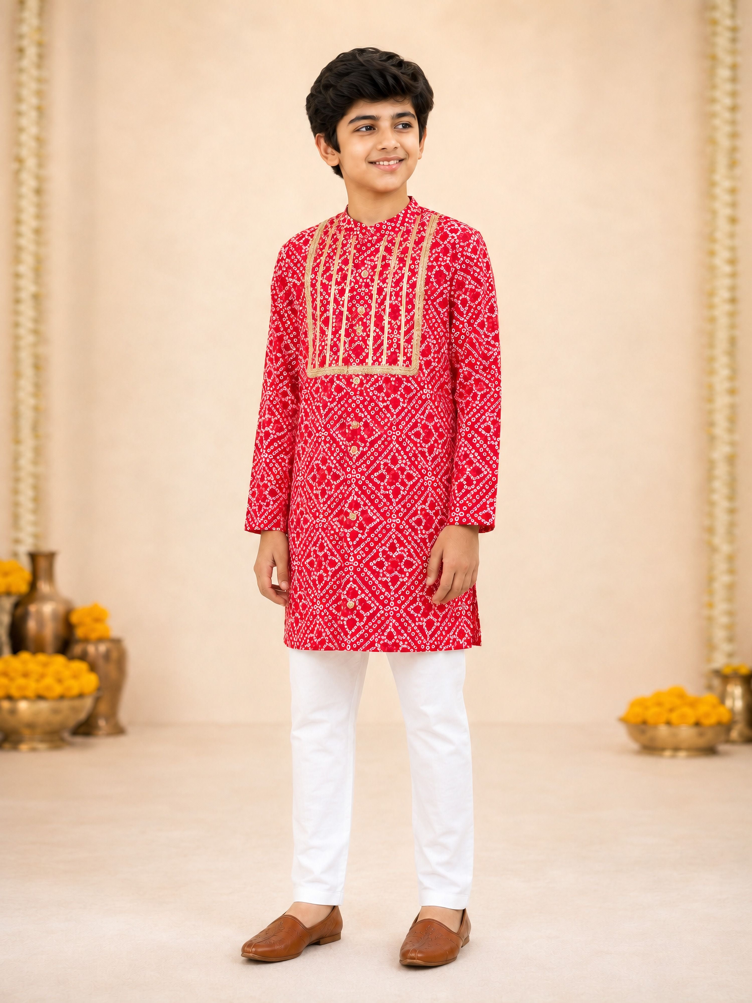 Boy's Red Cotton Digital Print Knee Length Kurta
