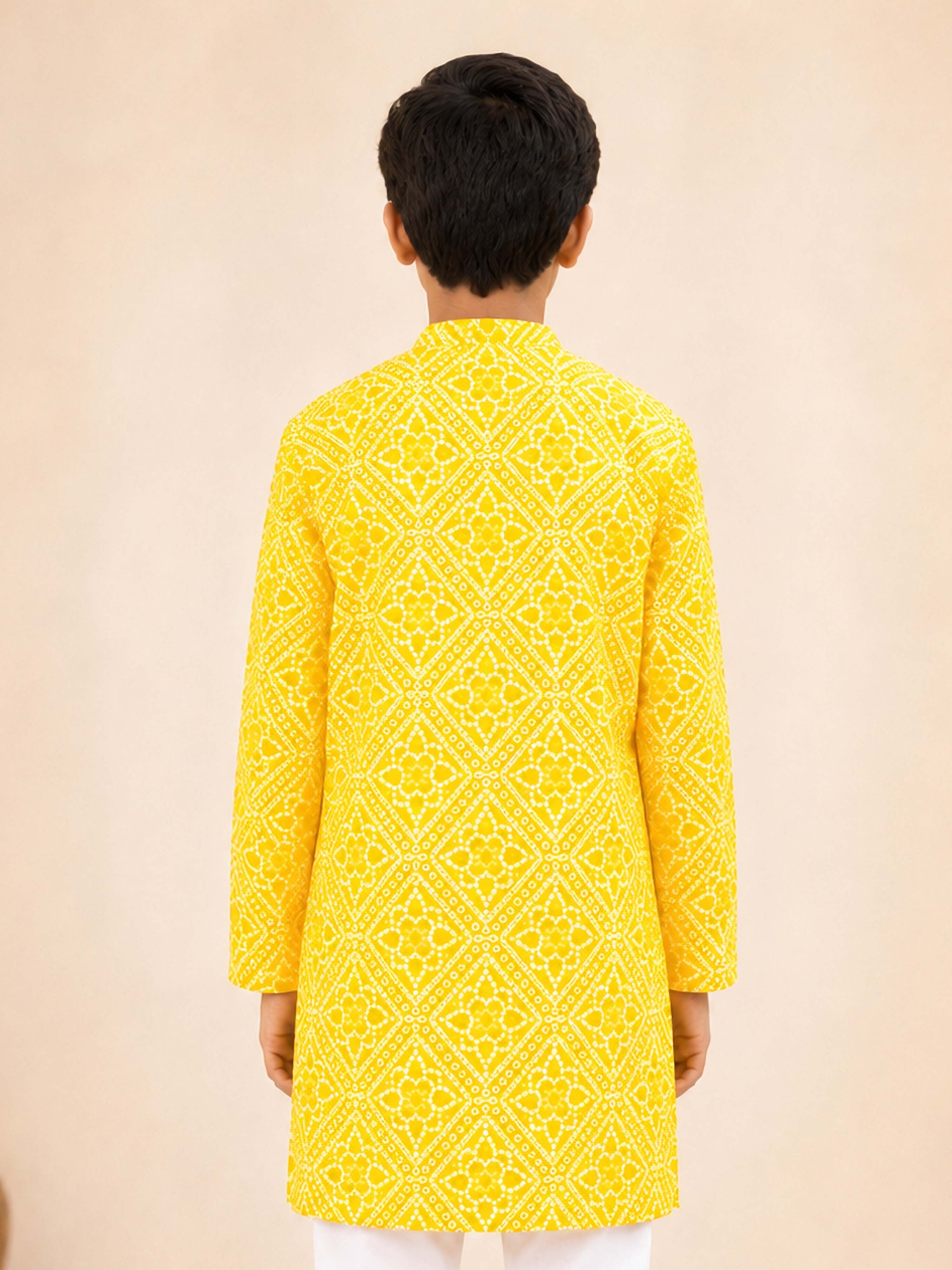 Boy's Yellow Cotton Digital Print Knee Length Kurta
