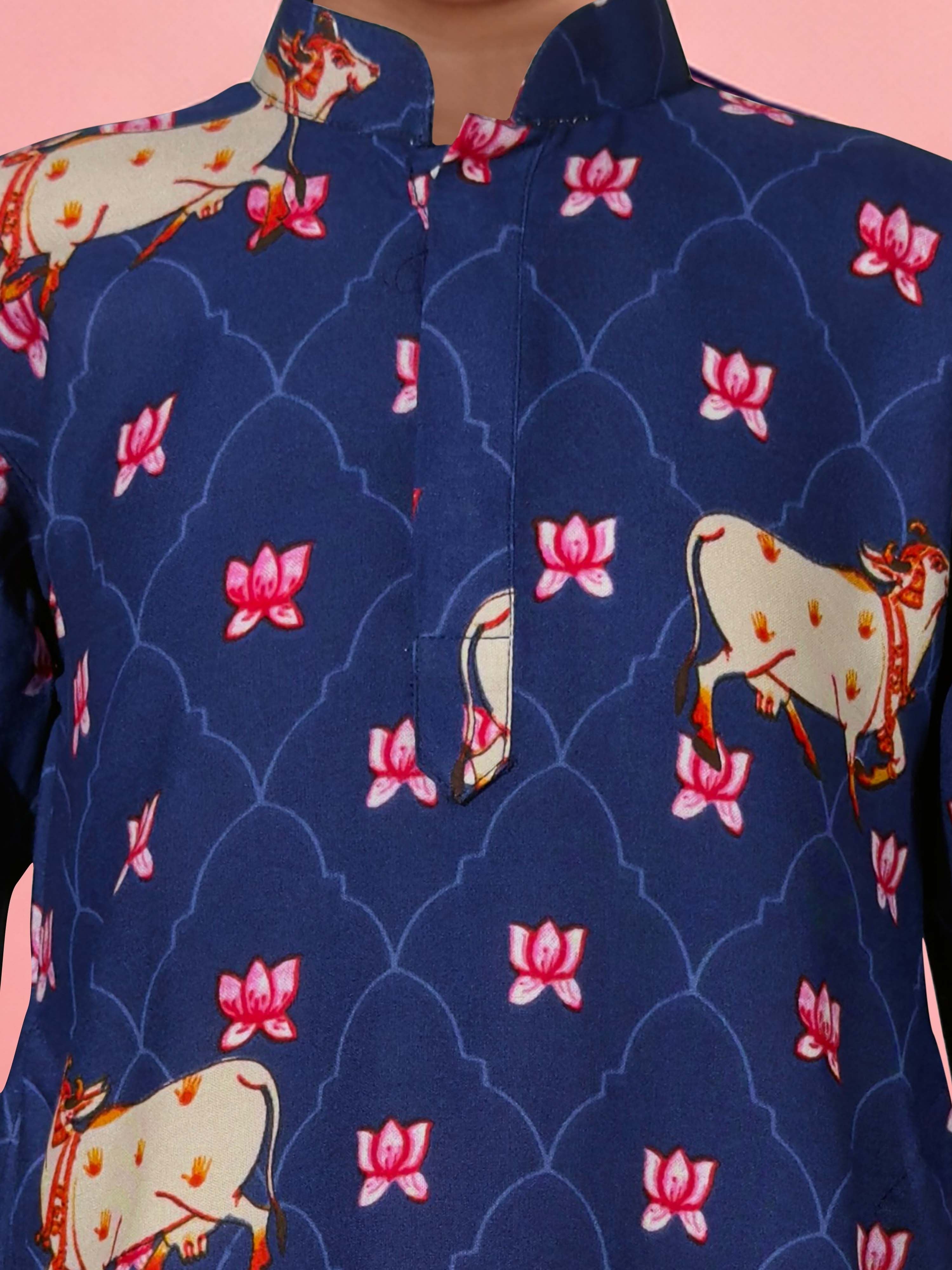 Boy's Blue Rayon Digital Print Knee Length Kurta
