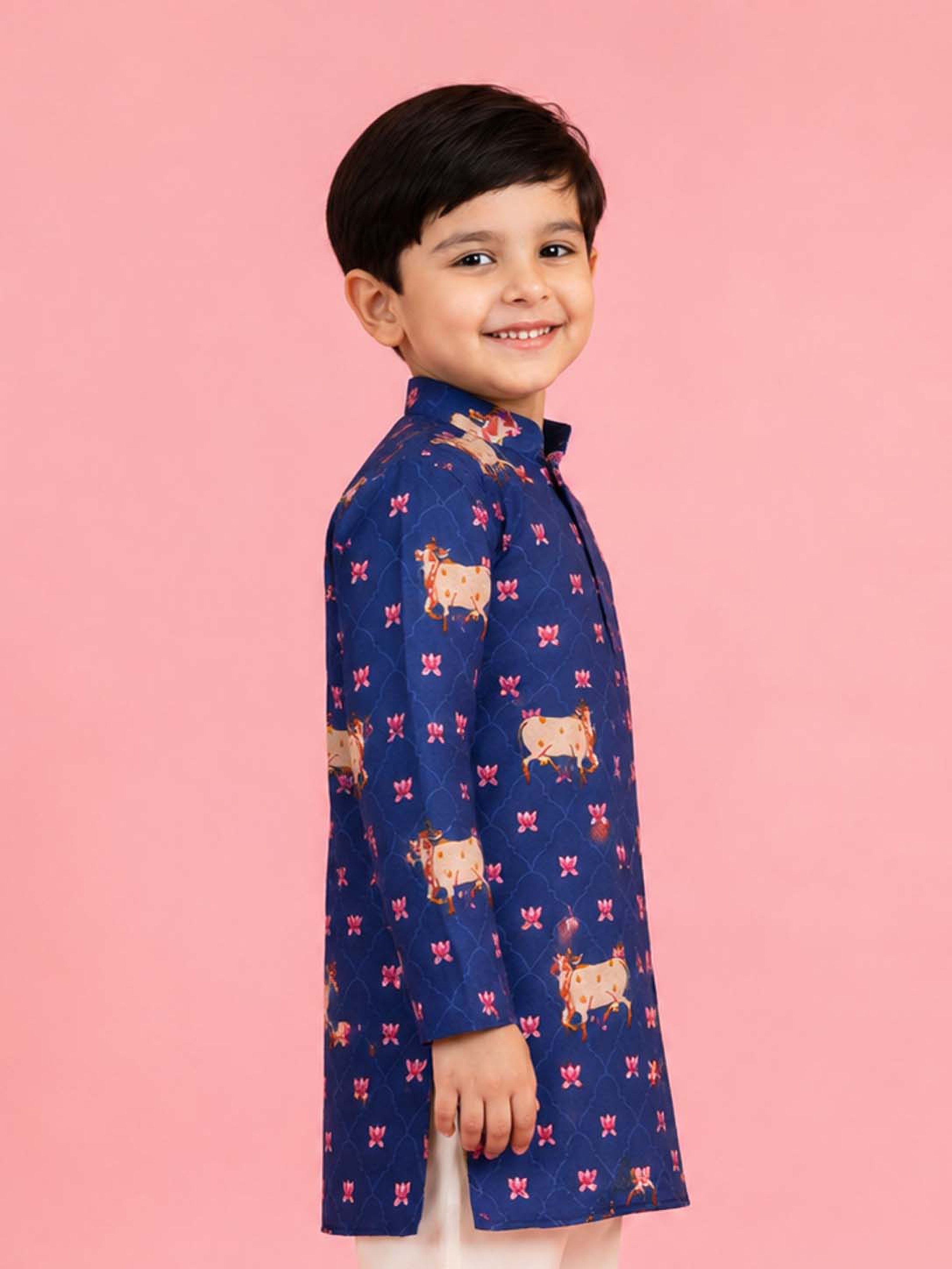 Boy's Blue Rayon Digital Print Knee Length Kurta