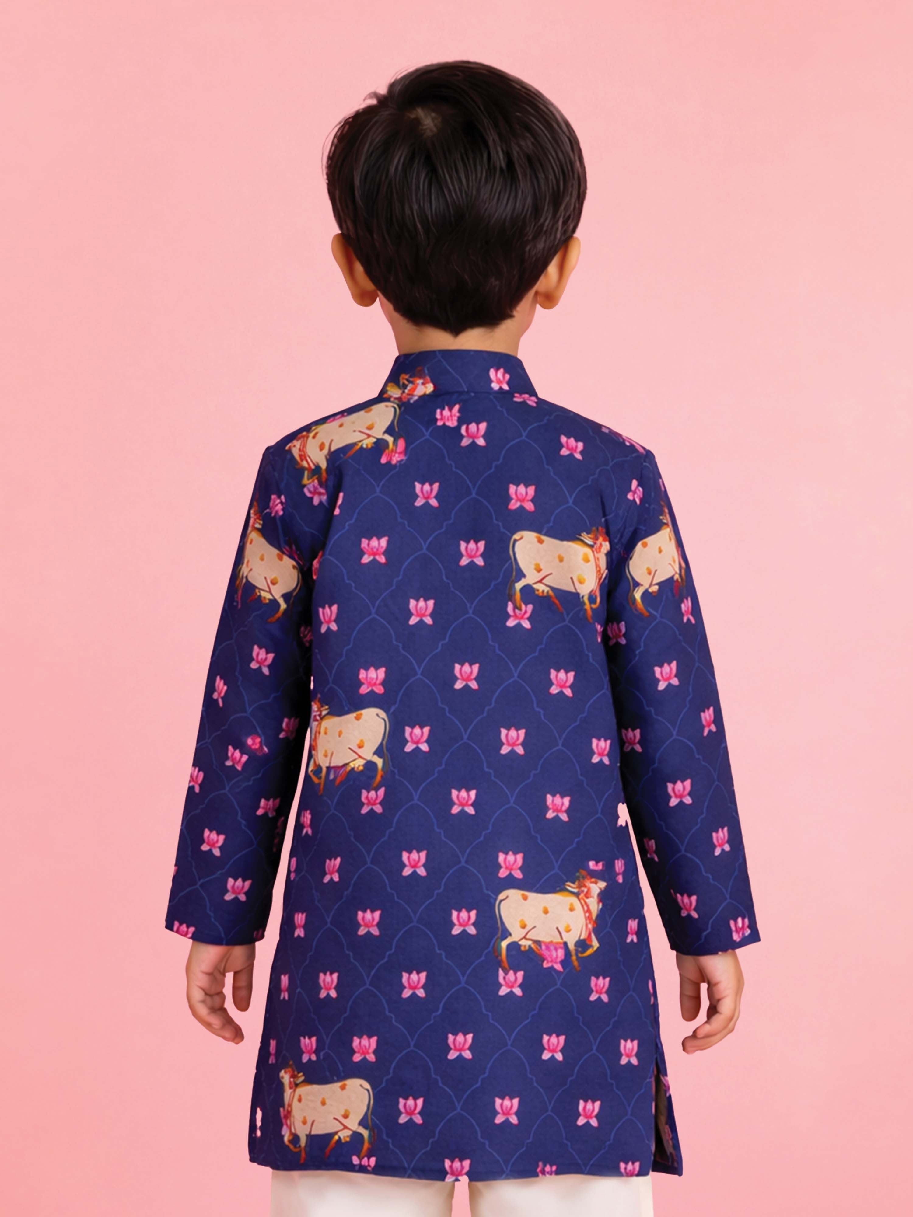 Boy's Blue Rayon Digital Print Knee Length Kurta