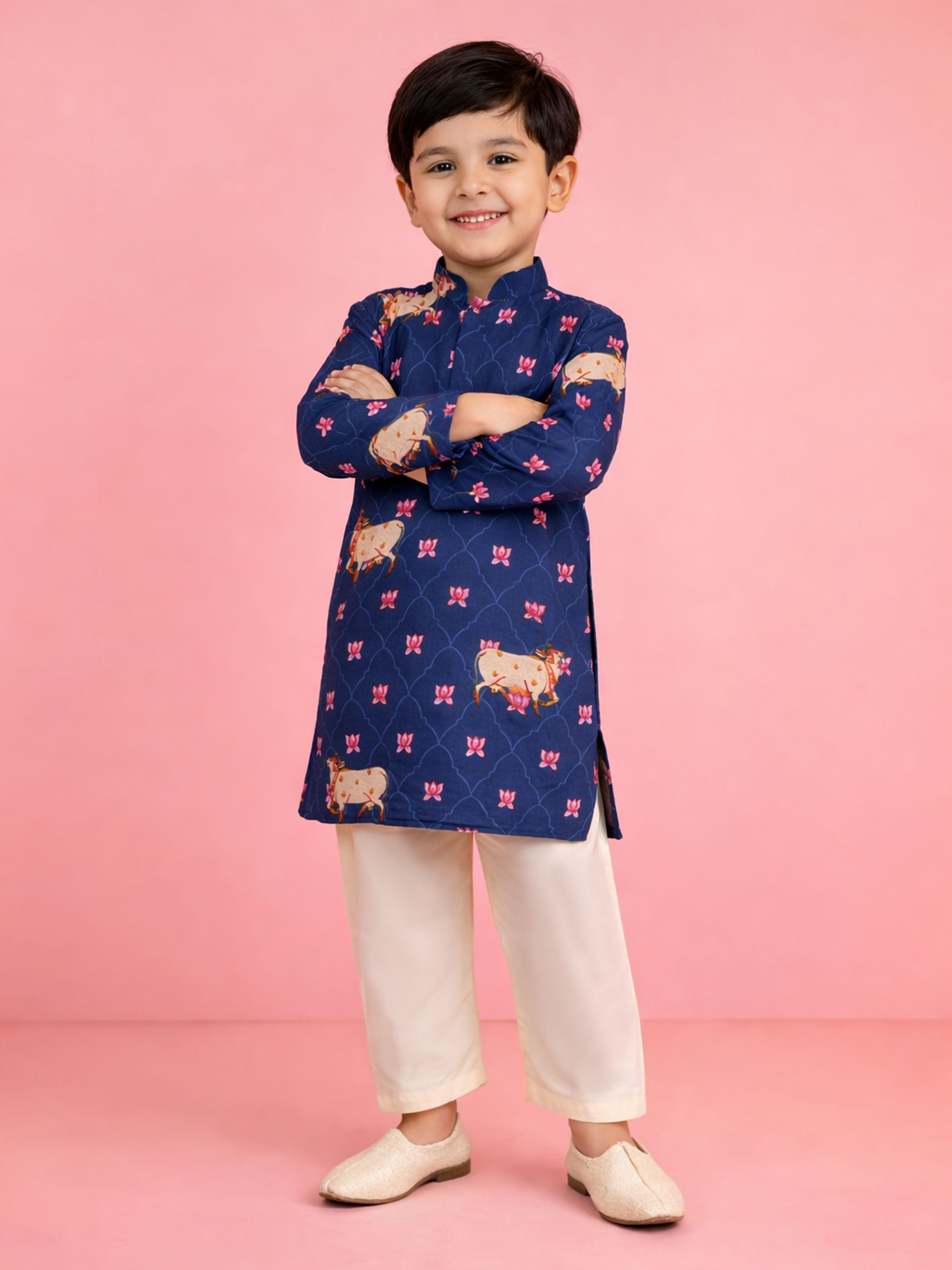 Boy's Blue Rayon Digital Print Knee Length Kurta