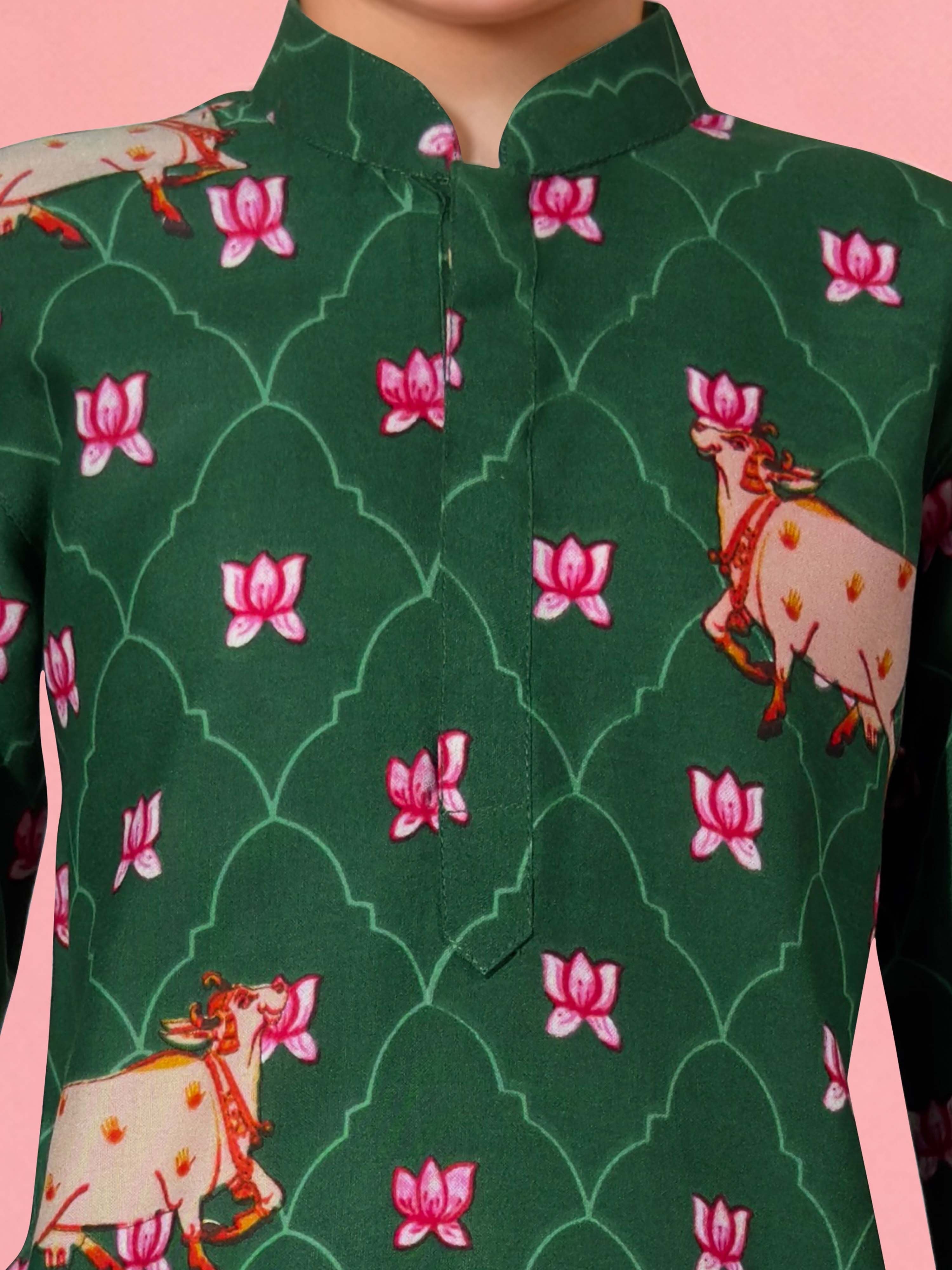 Boy's Green Rayon Digital Print Knee Length Kurta