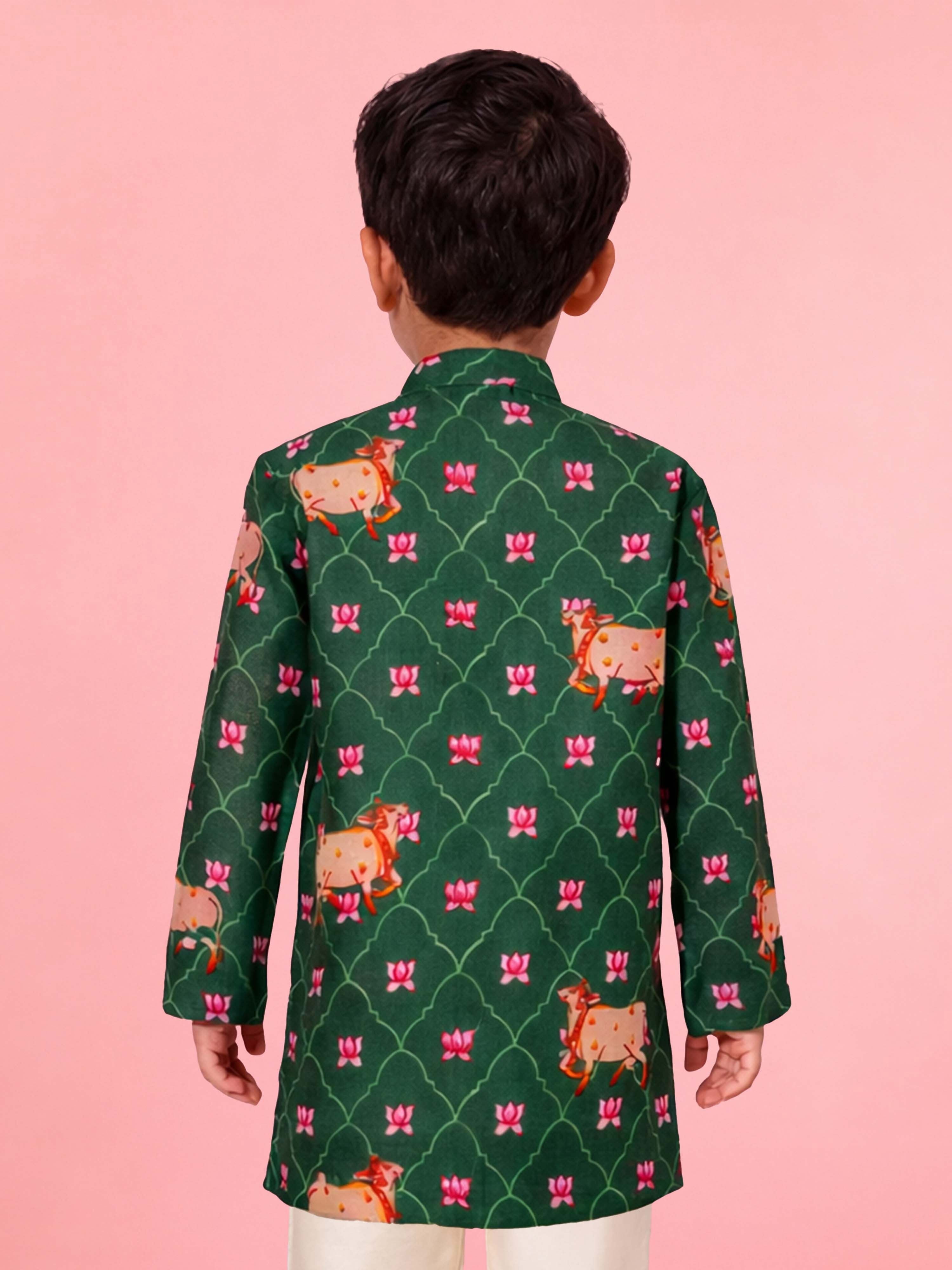 Boy's Green Rayon Digital Print Knee Length Kurta