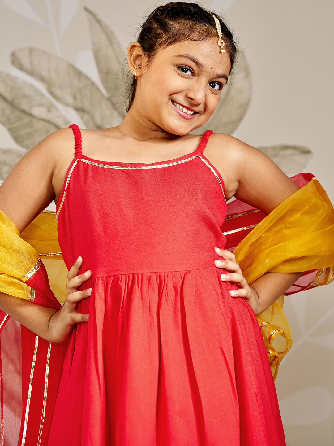 Girl's Red Rayon Kurta Palazzo Set With Dupatta