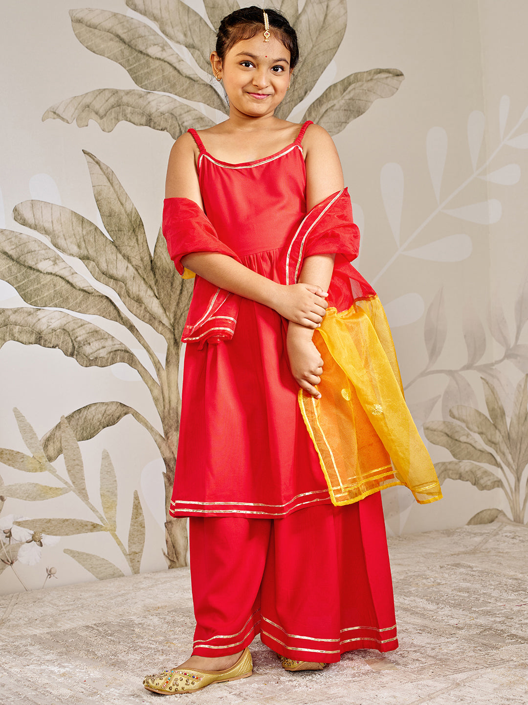 Girl's Red Rayon Kurta Palazzo Set With Dupatta