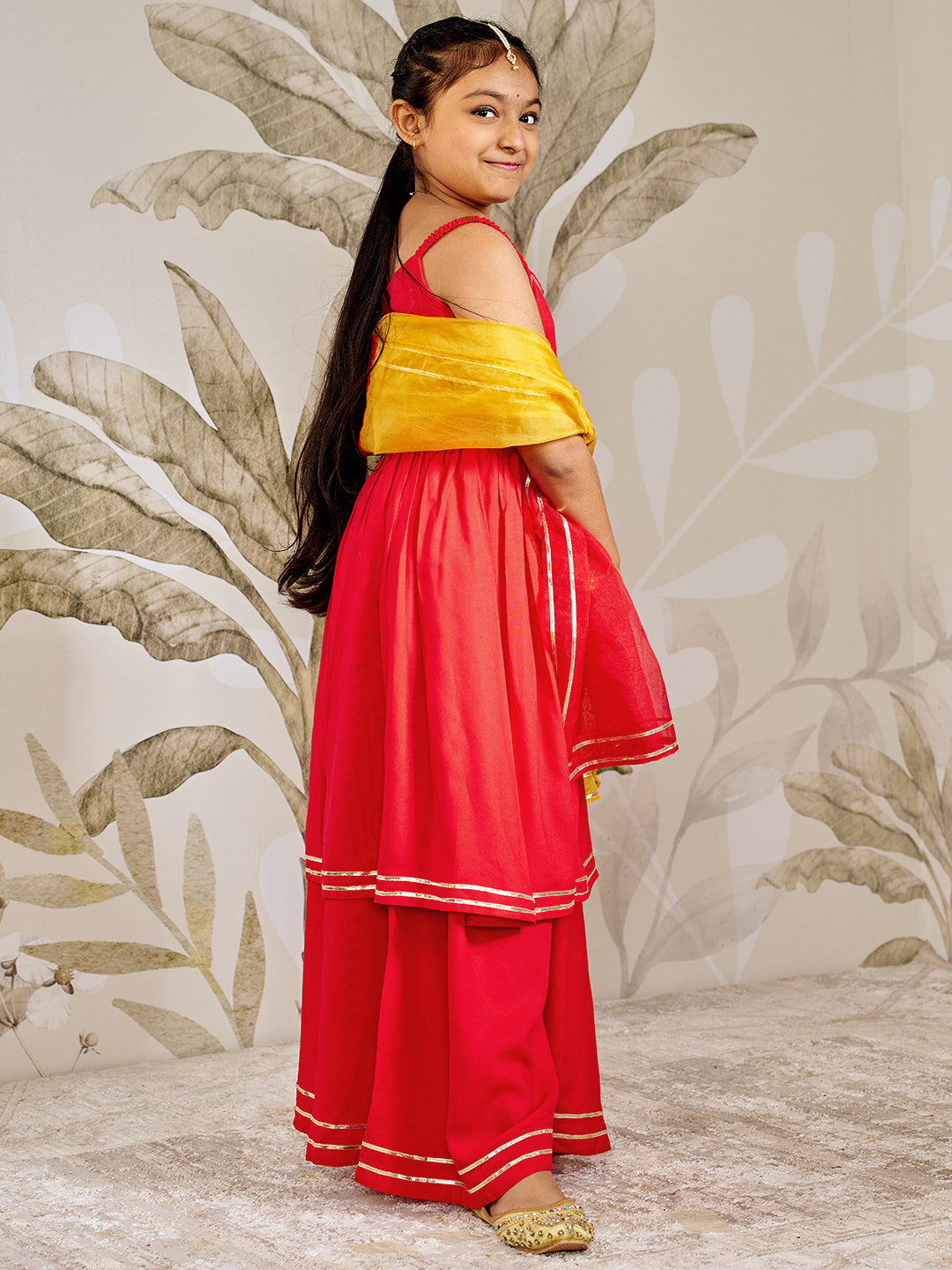 Girl's Red Rayon Kurta Palazzo Set With Dupatta
