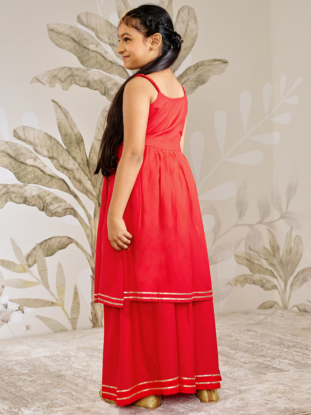 Girl's Red Rayon Kurta Palazzo Set With Dupatta