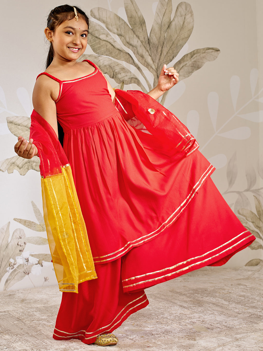 Girl's Red Rayon Kurta Palazzo Set With Dupatta
