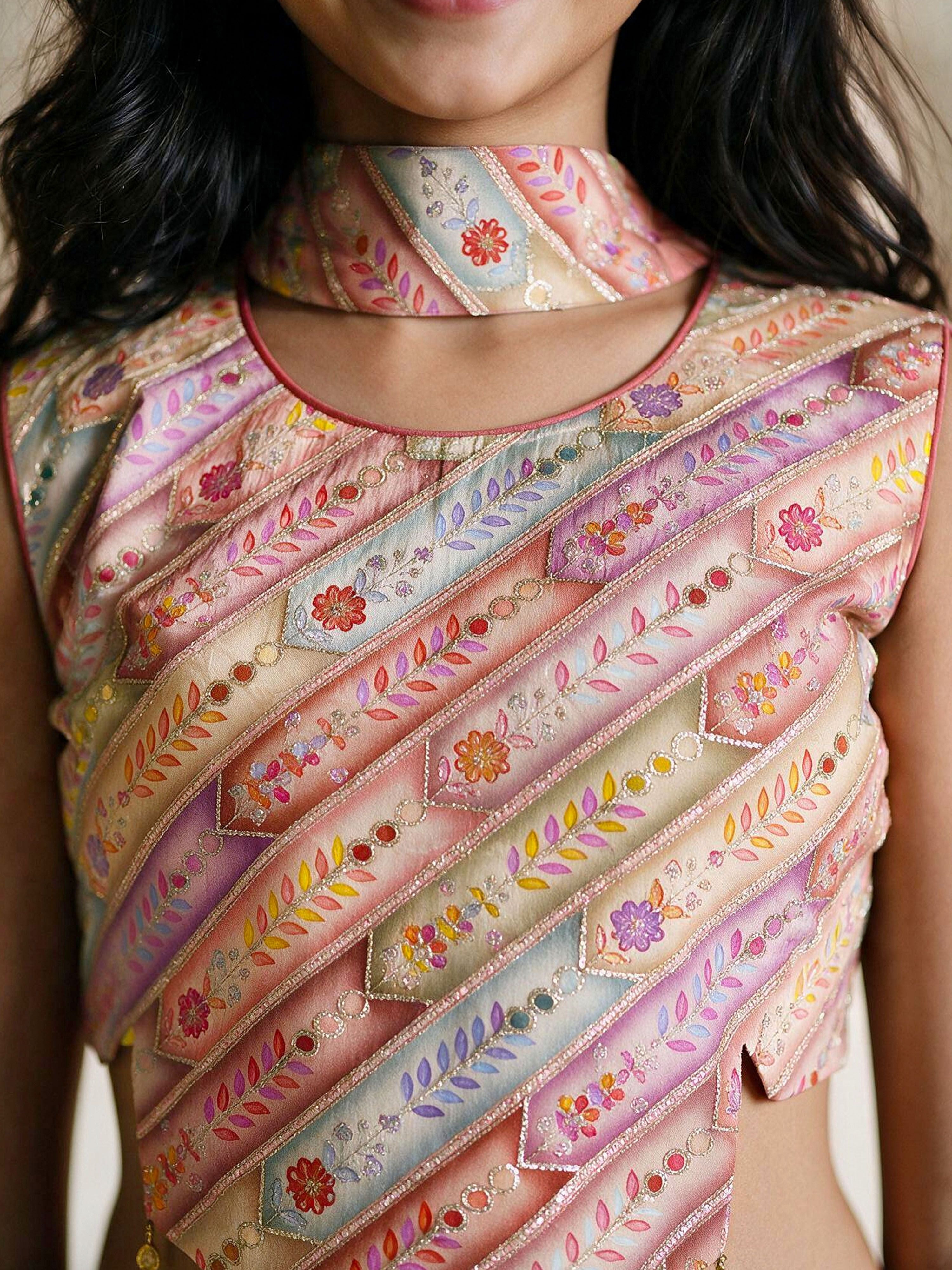 Girls's Multicolour Crepe Embellished Cropped Length Top With Sharara And Dupatta Set