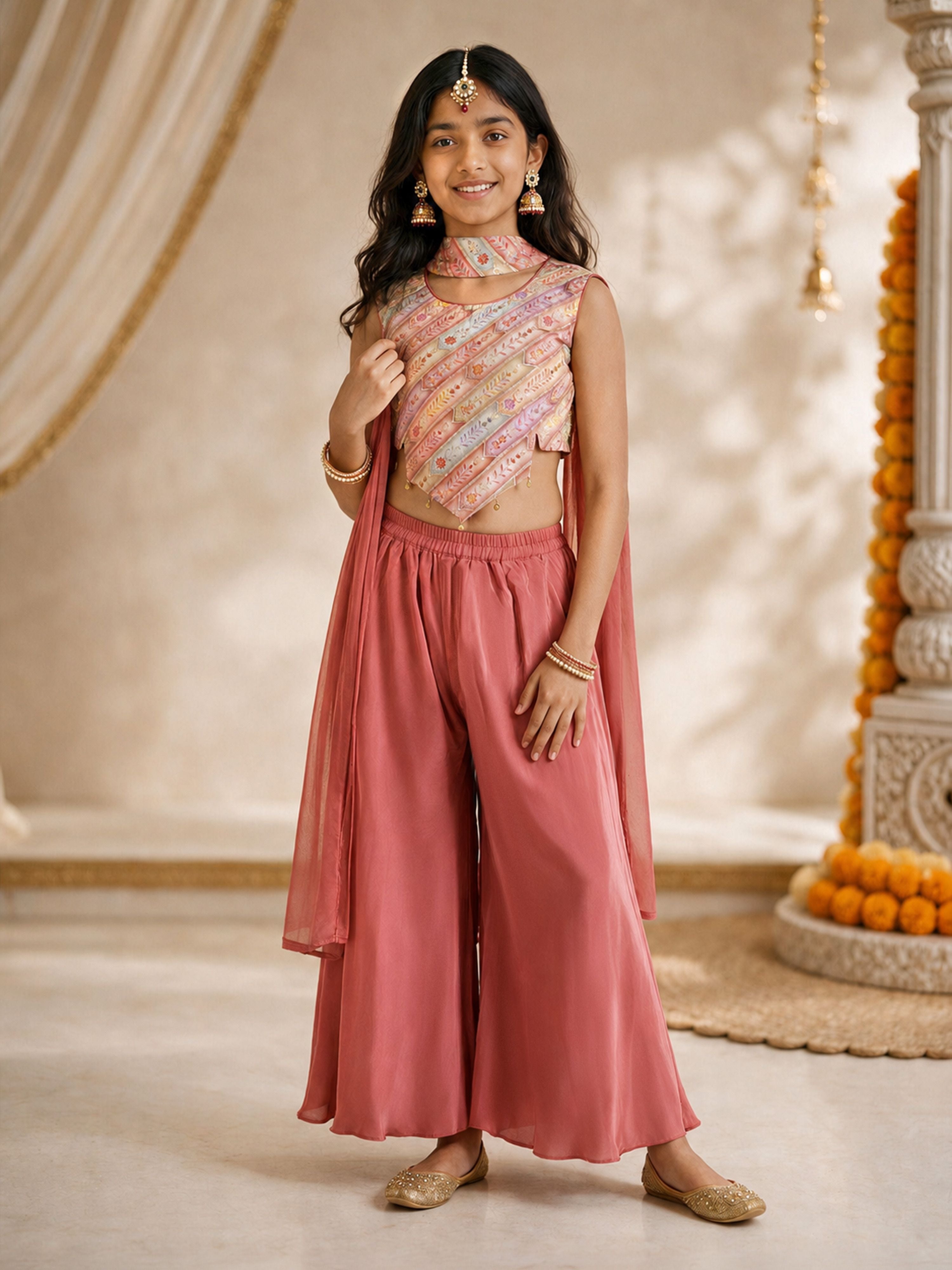 Girls's Multicolour Crepe Embellished Cropped Length Top With Sharara And Dupatta Set