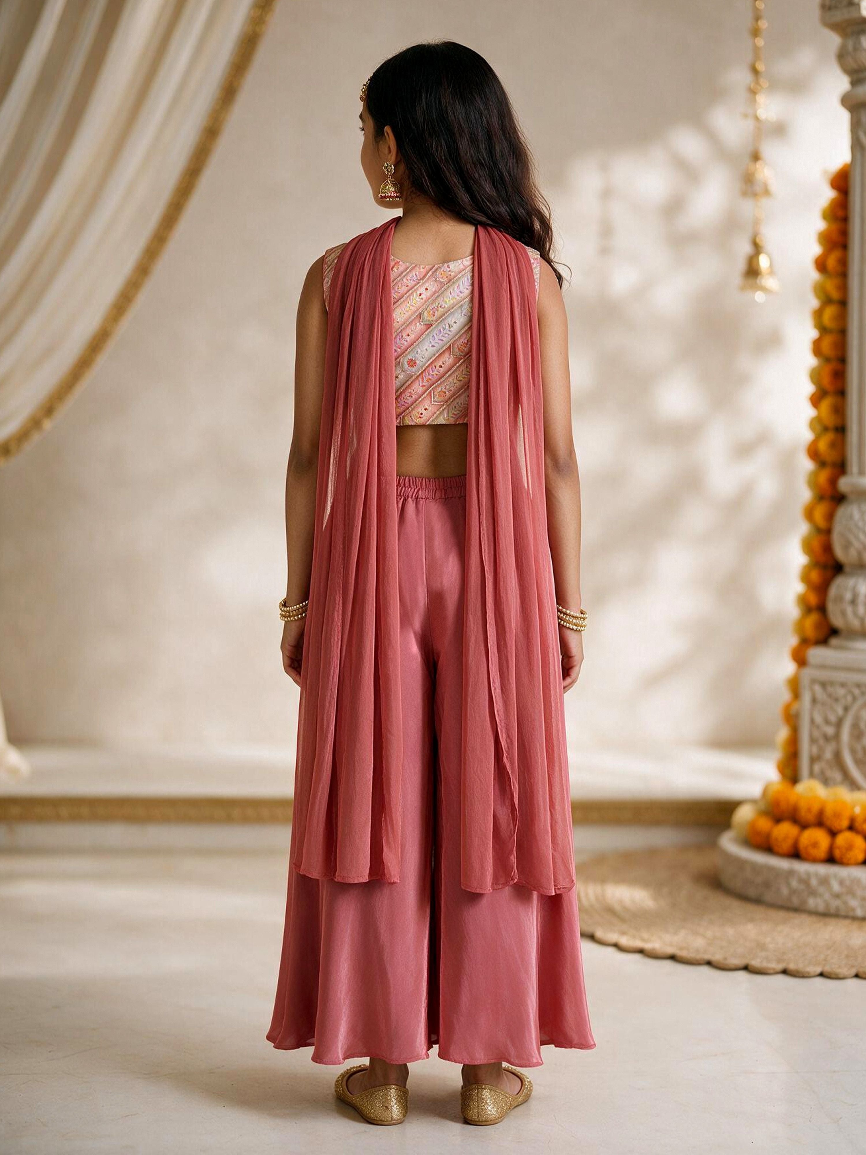 Girls's Multicolour Crepe Embellished Cropped Length Top With Sharara And Dupatta Set