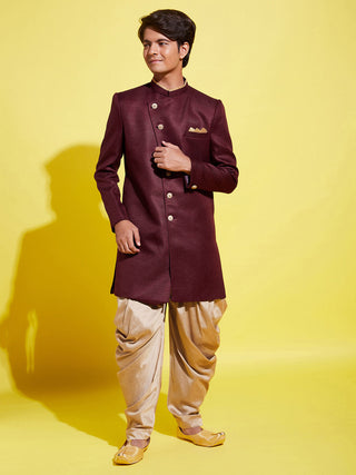 VASTRAMAY Boys Maroon And Rose Gold Indowestern Set