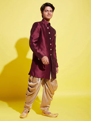 VASTRAMAY Boys Maroon And Rose Gold Indowestern Set