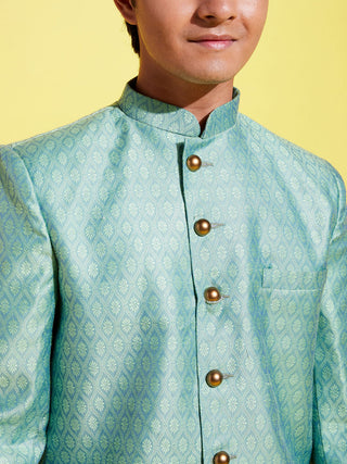 VASTRAMAY Boys Green Indo Western Jacquard Sherwani and Dhoti Pant Set