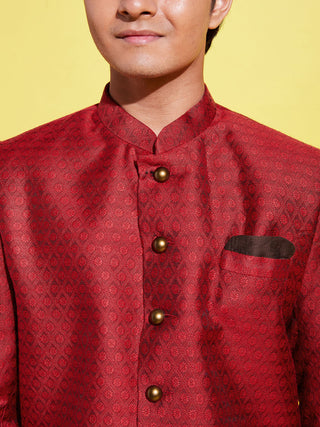 VASTRAMAY Boys Maroon Indo Western Jacquard Sherwani and Dhoti Pant Set