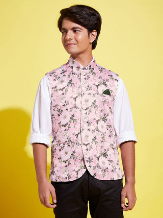 YUVA BY VASTRAMAY Boys Multicolor-Base-Pink Floral Printed Nehru Jacket