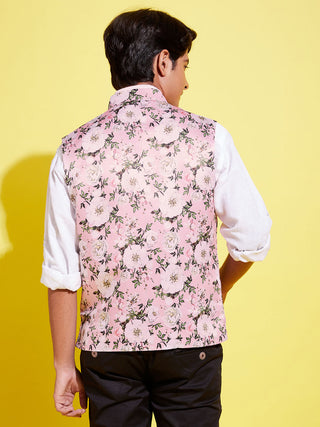 YUVA BY VASTRAMAY Boys Multicolor-Base-Pink Floral Printed Nehru Jacket