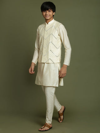 Yuva By VASTRAMAY Boy's Cream Mirror Work Jacket And Solid Kurta Pyjama Set