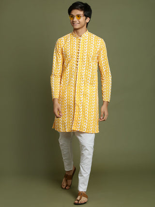 YUVA BY VASTRAMAY Boys' Orange Chaikankari Kurta With White Pyjama Set