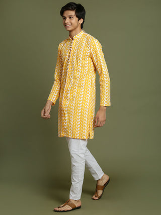 YUVA BY VASTRAMAY Boys' Orange Chaikankari Kurta With White Pyjama Set
