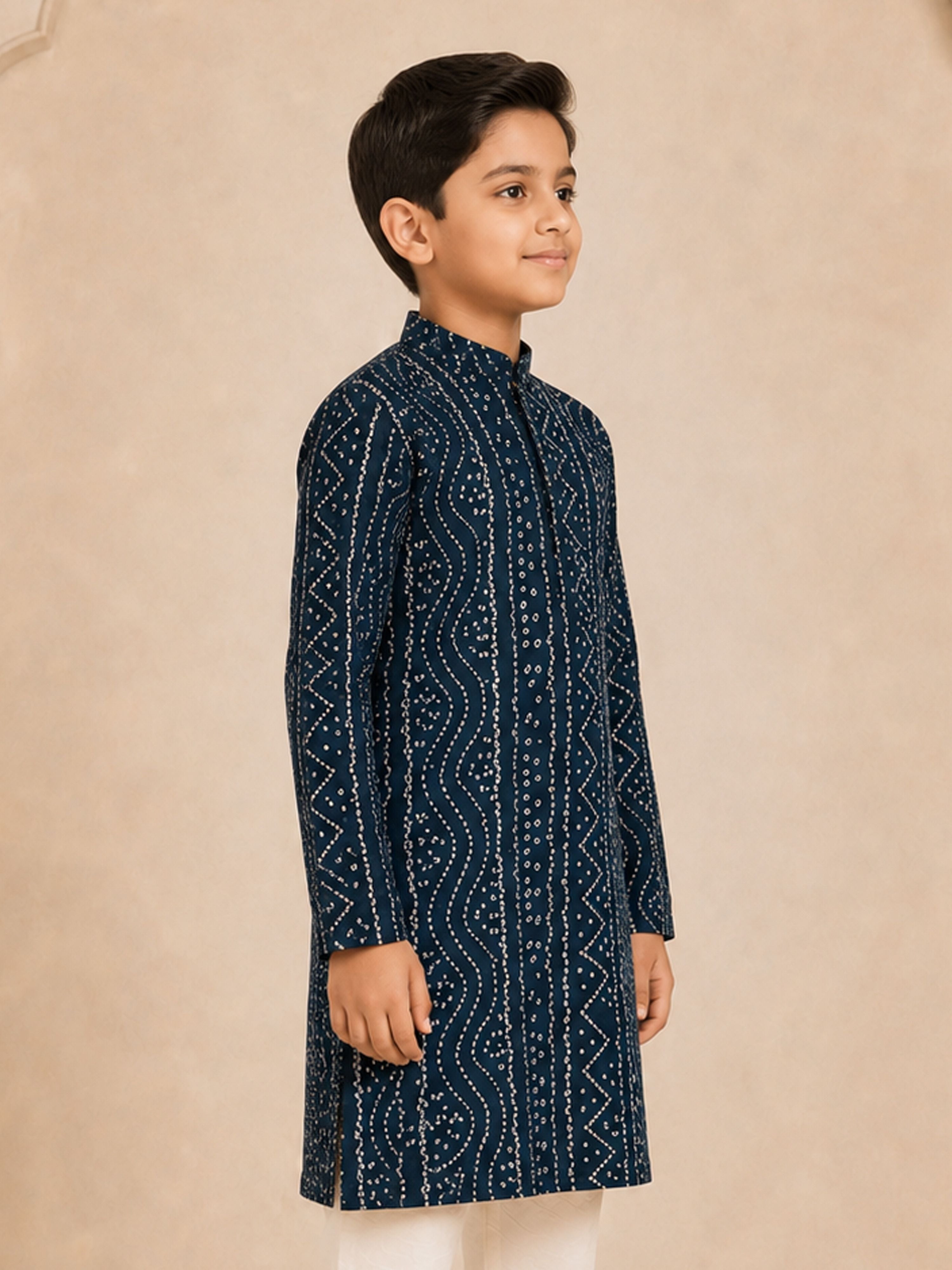 Boy's Navy Blue Rayon Digital Print Knee Length Kurta