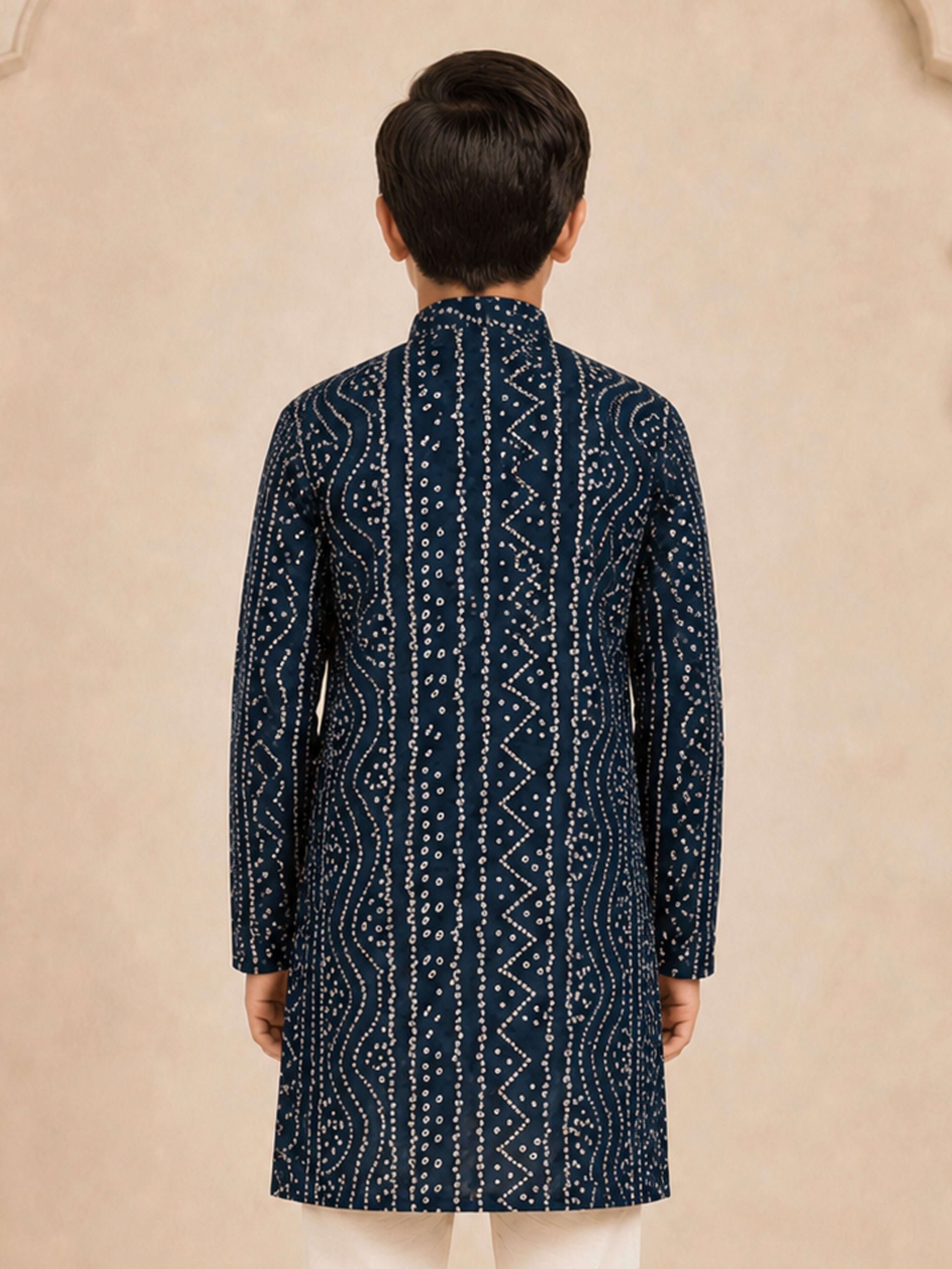 Boy's Navy Blue Rayon Digital Print Knee Length Kurta