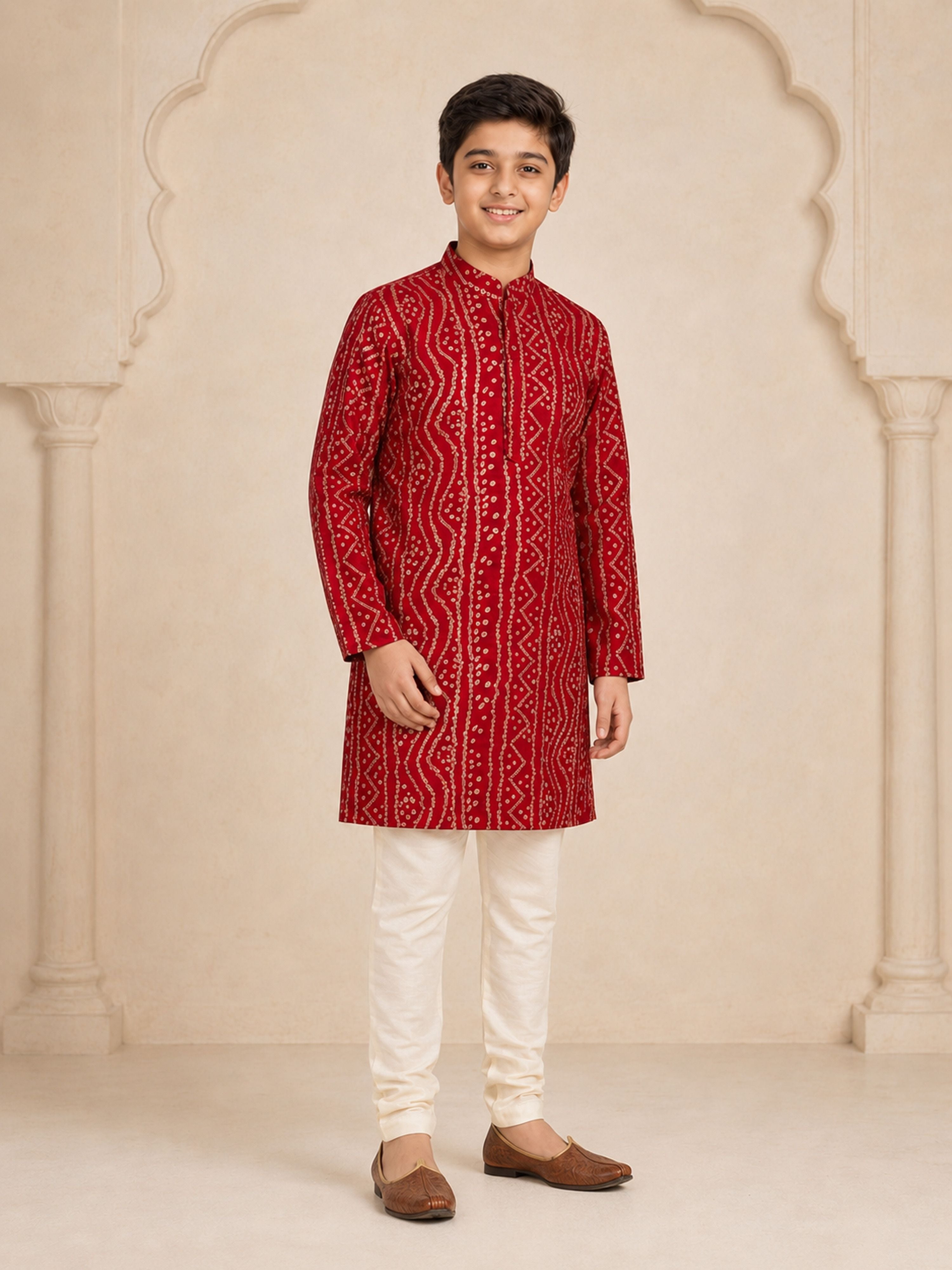 Boy's Maroon Rayon Digital Print Knee Length Kurta