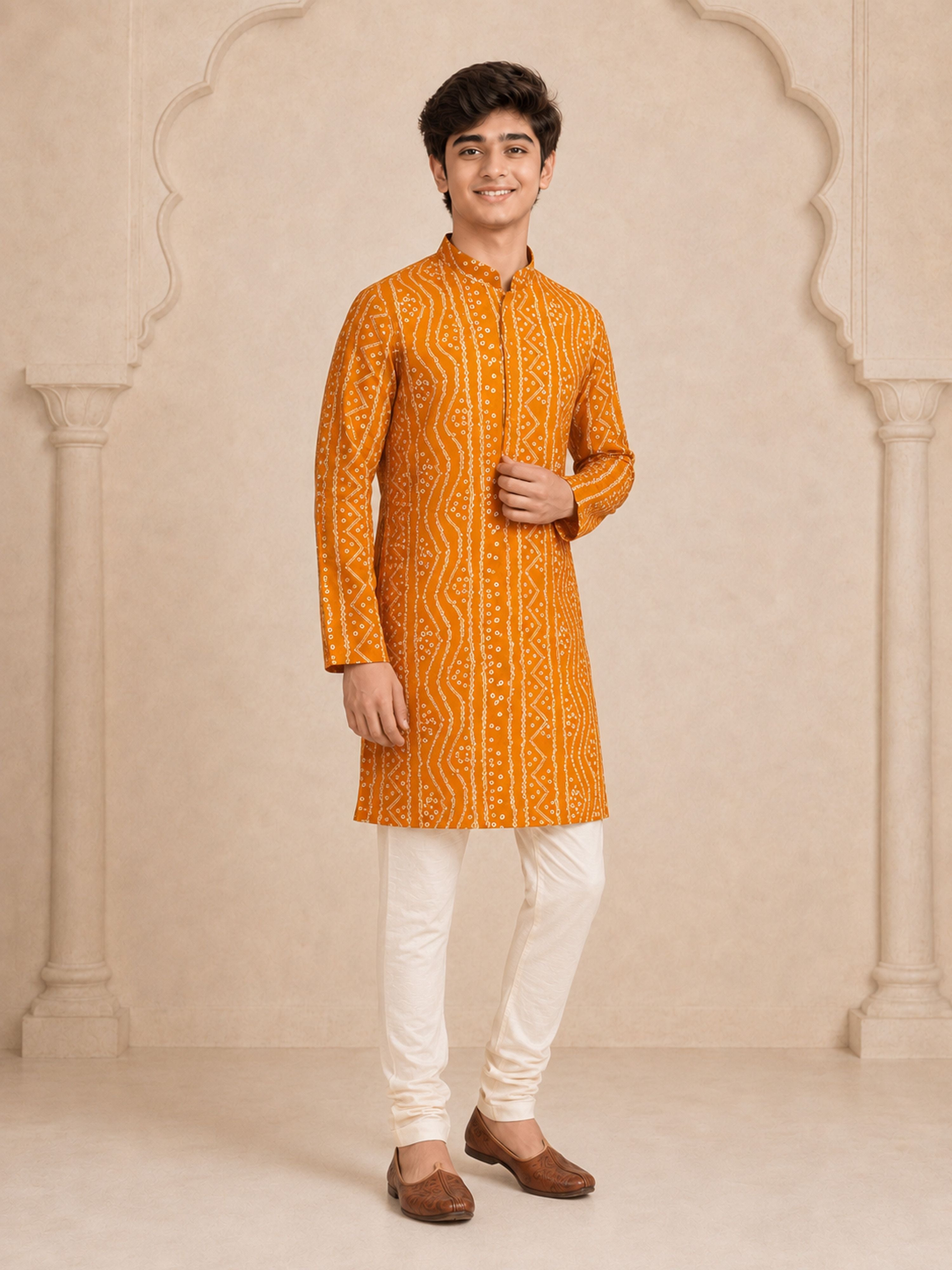Boy's Mustard Rayon Digital Print Knee Length Kurta
