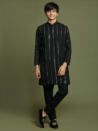 VASTRAMAY Boys Black Mirror Work Viscose Kurta And Pyjama Set