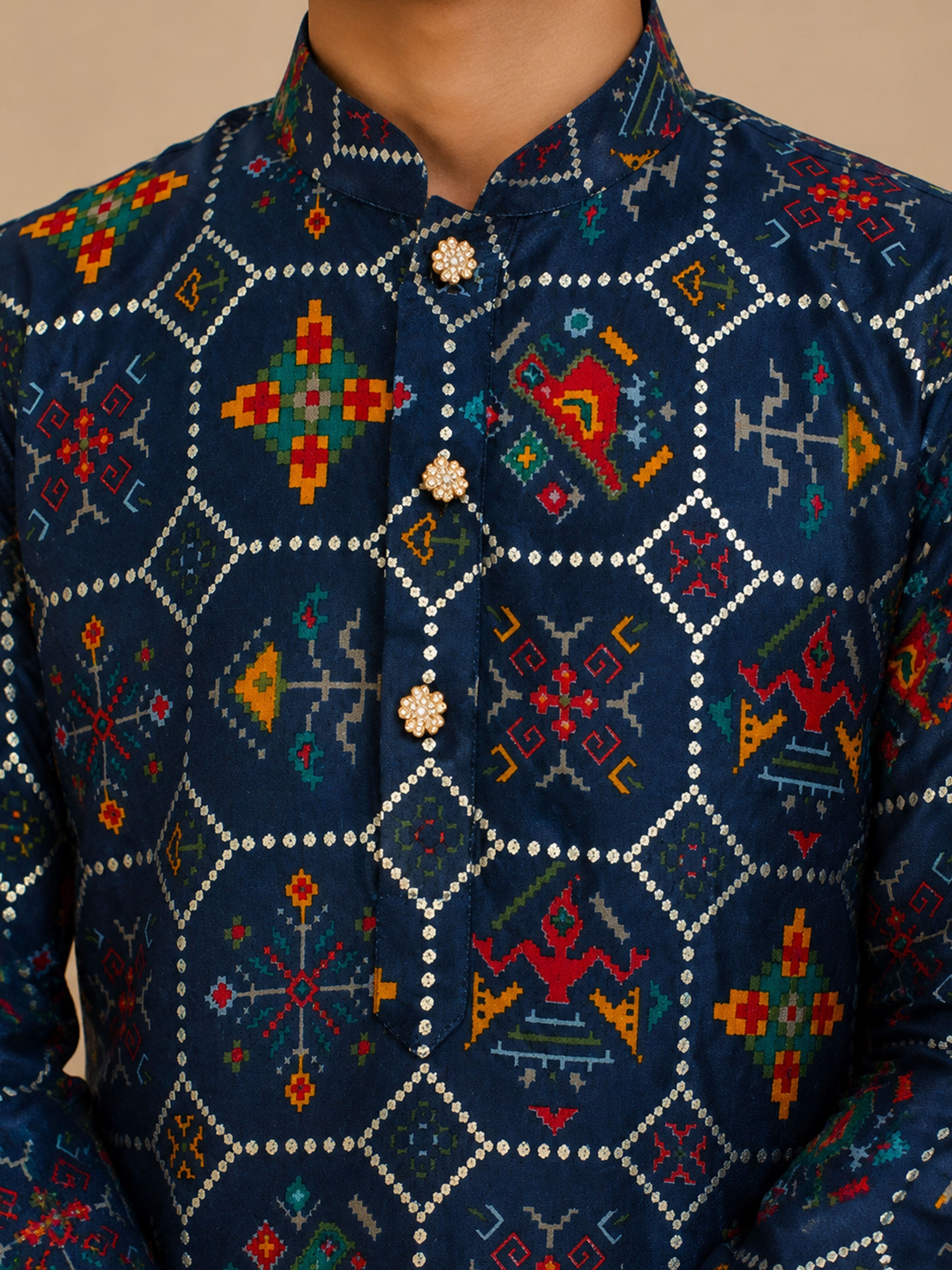 Boy's Navy Blue Rayon Printed Knee Length Kurta and Pyjama Set