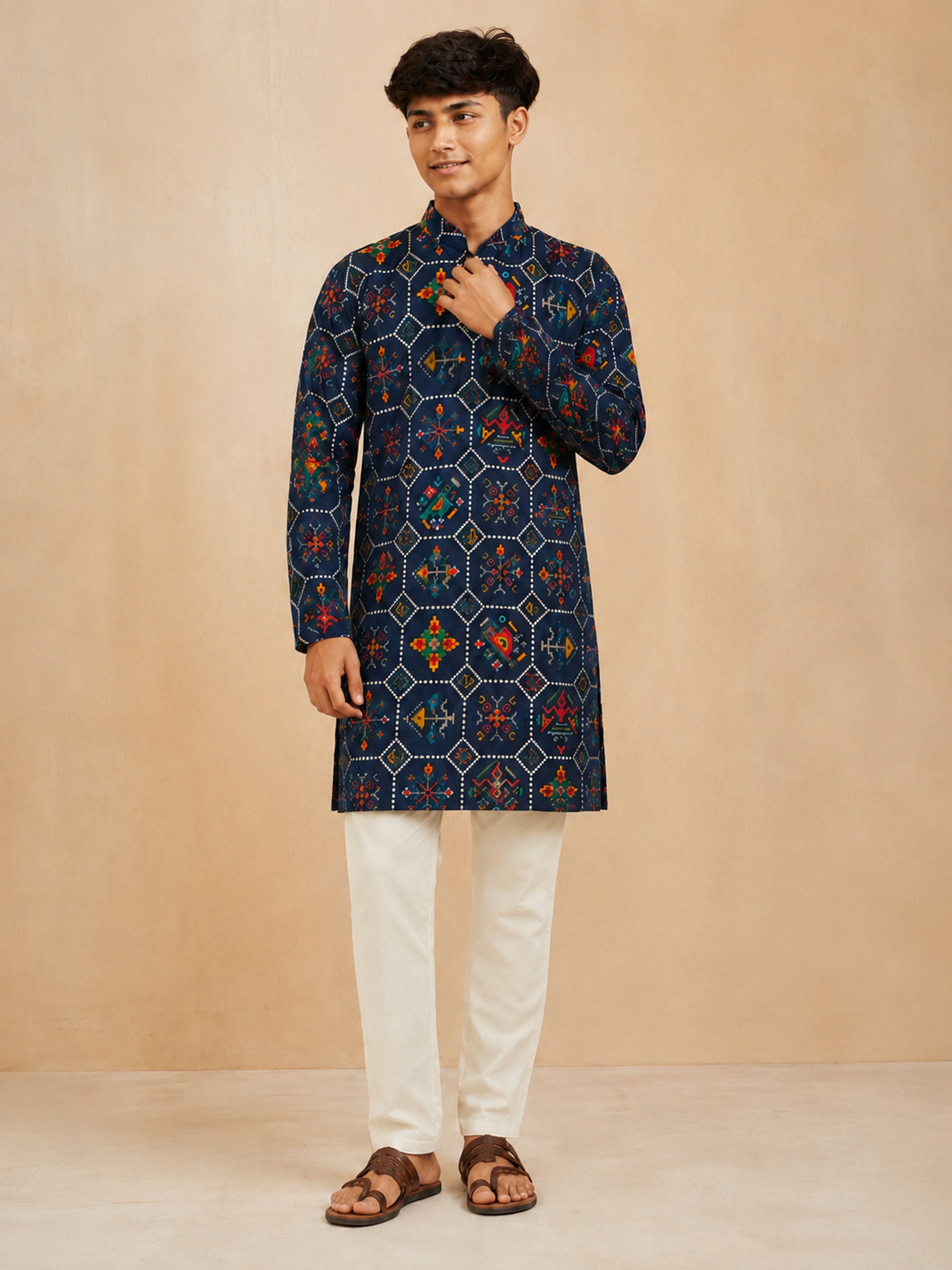 Boy's Navy Blue Rayon Printed Knee Length Kurta and Pyjama Set