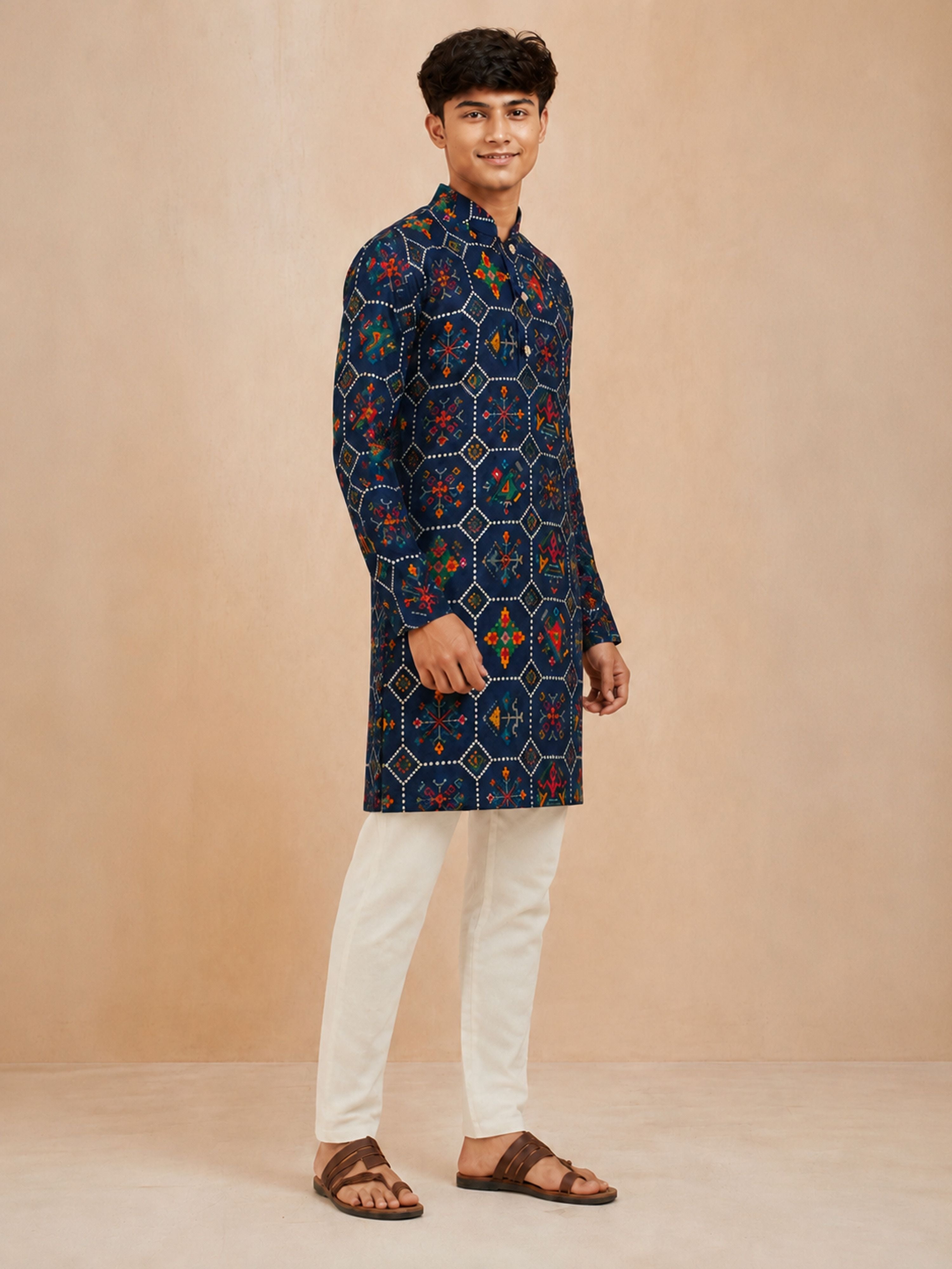 Boy's Navy Blue Rayon Printed Knee Length Kurta and Pyjama Set