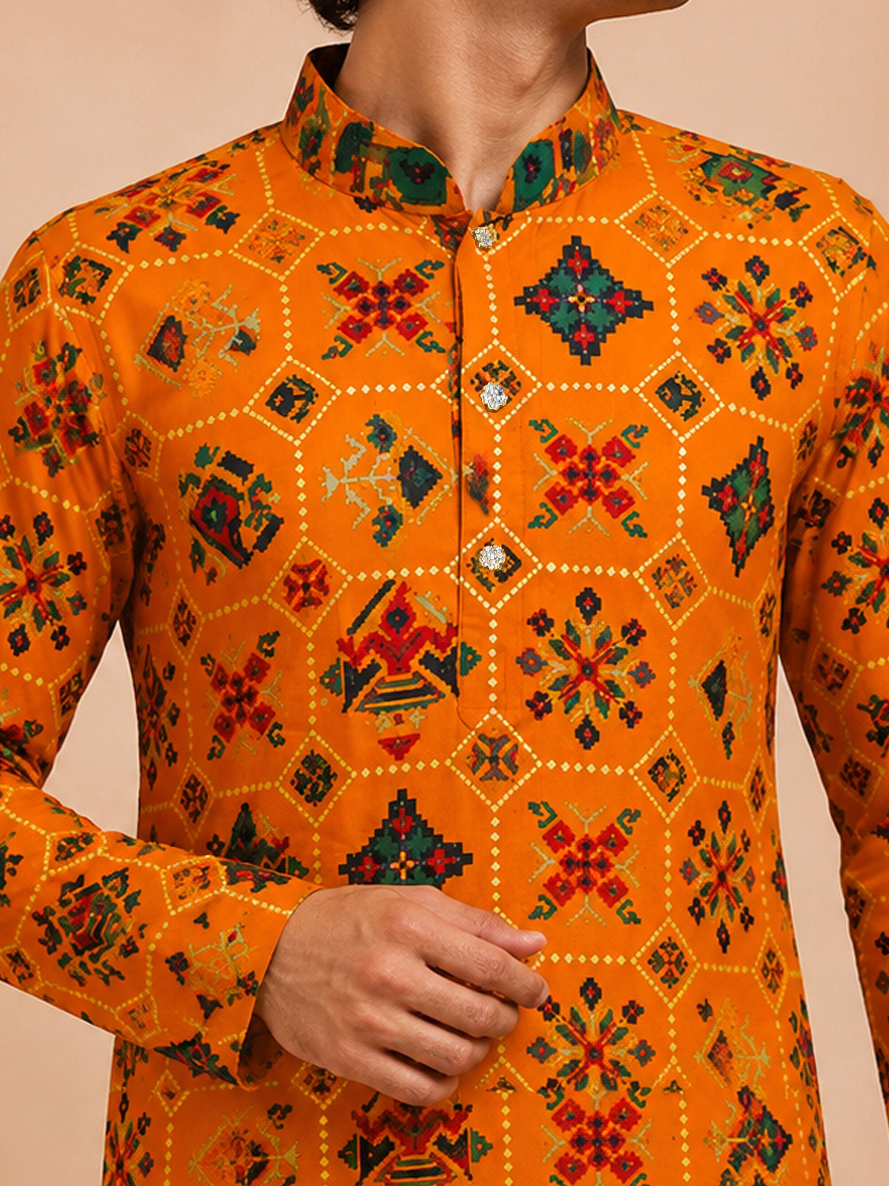 Boy's Mustard Rayon Geometric Print Knee Length Kurta