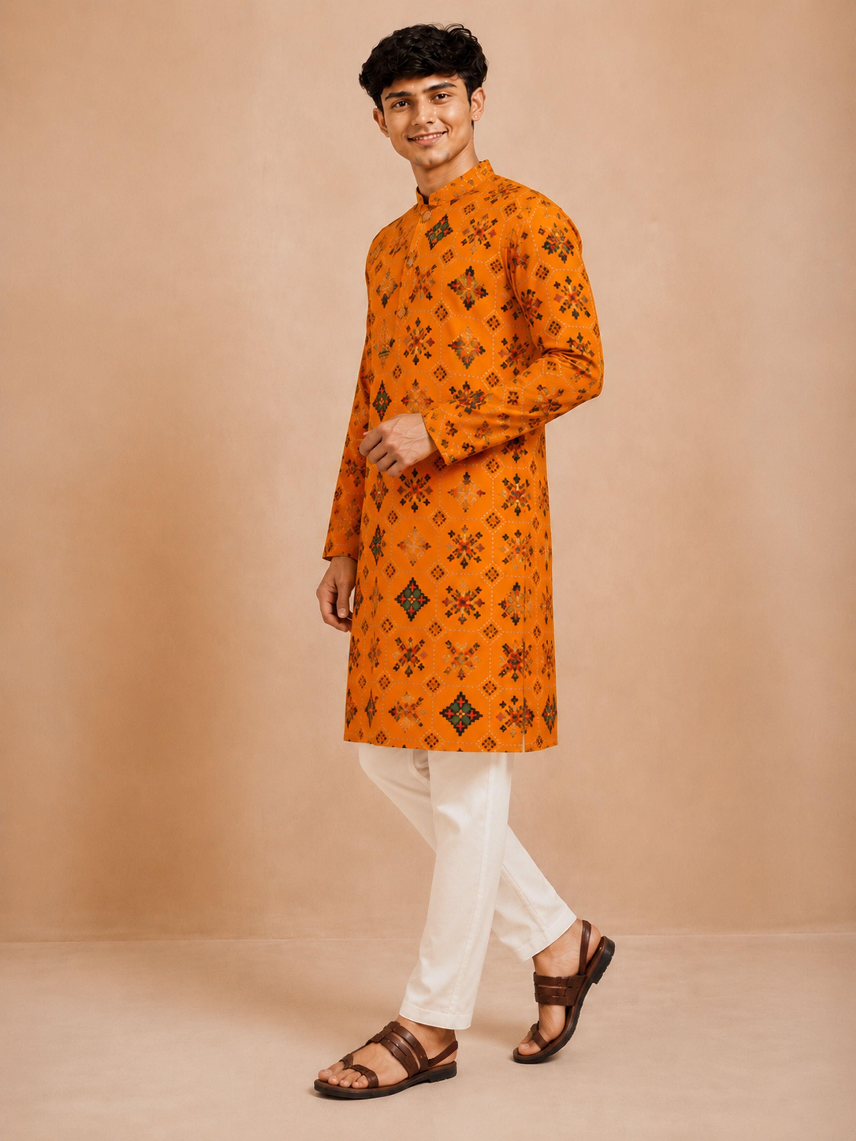Boy's Mustard Rayon Geometric Print Knee Length Kurta and Pyjama Set