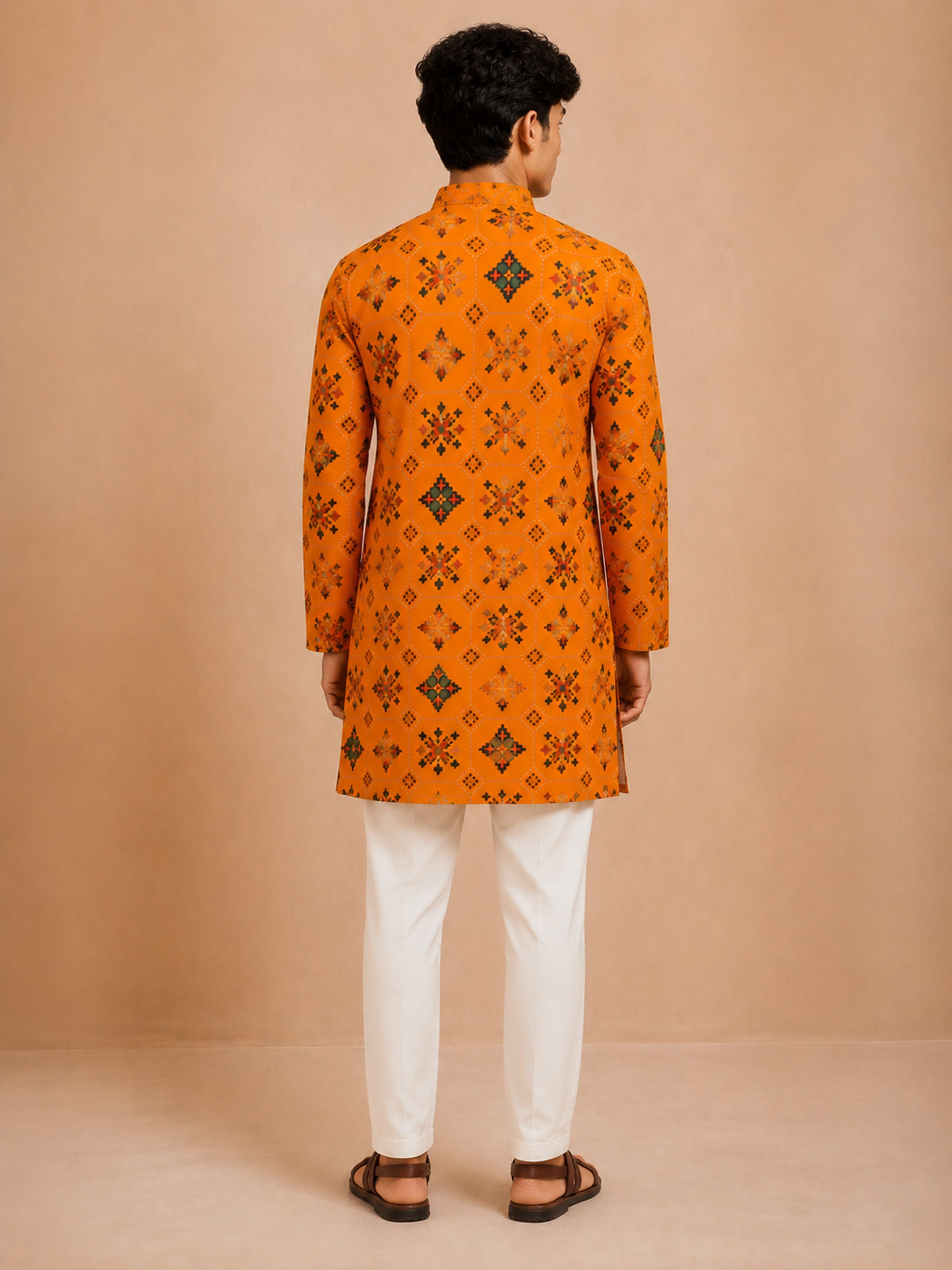 Boy's Mustard Rayon Geometric Print Knee Length Kurta and Pyjama Set