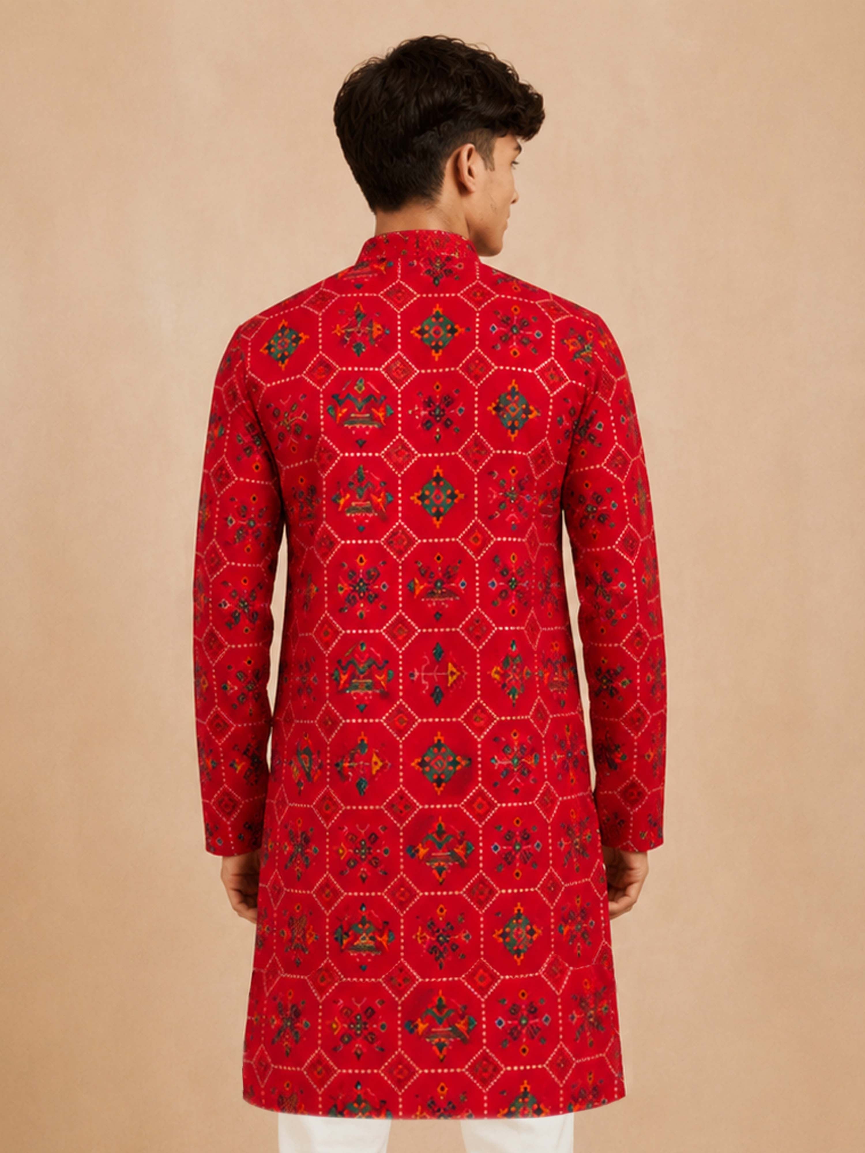 Boy's Red Rayon Geometric Print Knee Length Kurta