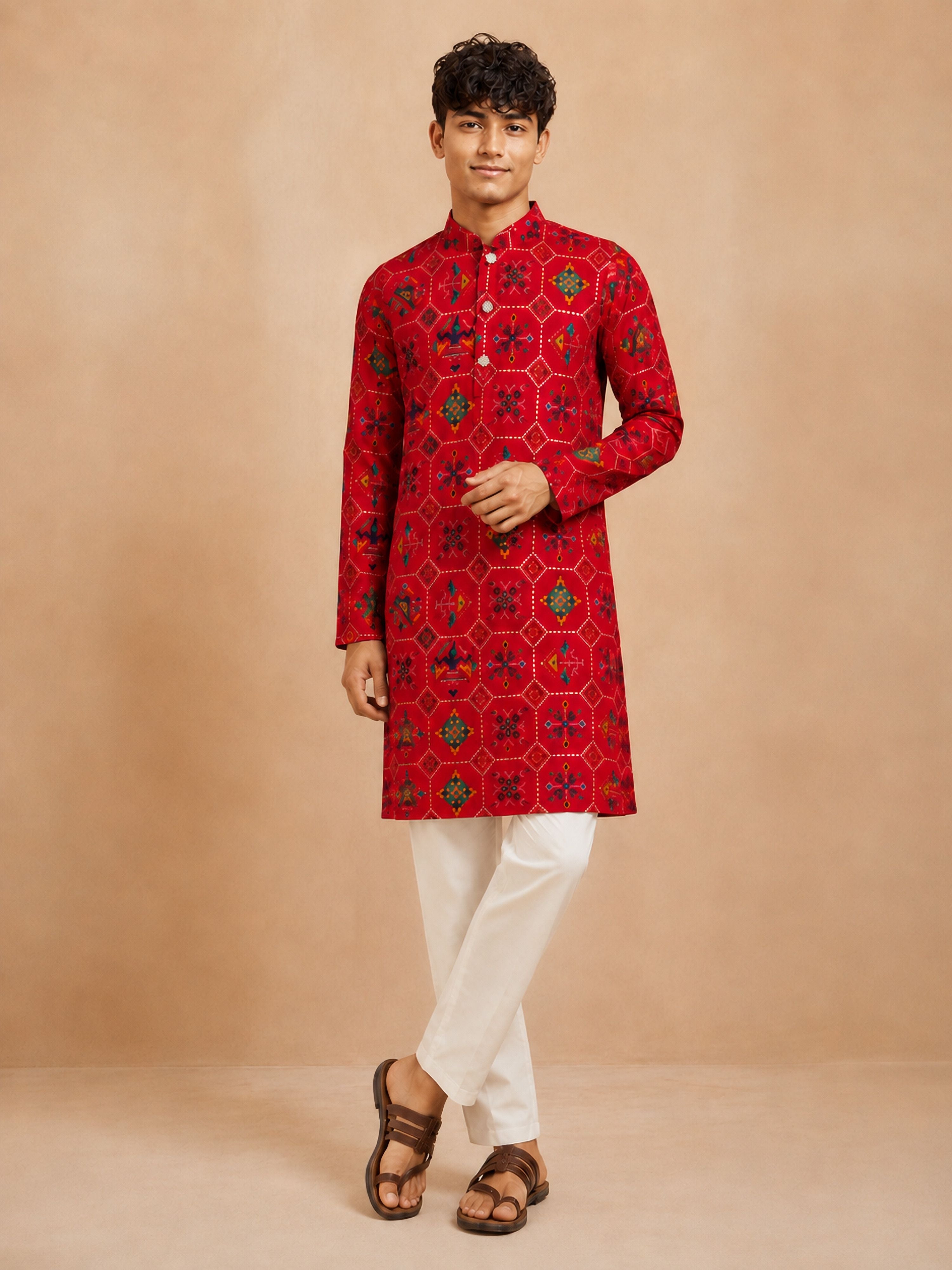 Boy Red Rayon Kurta and Pyjama Set Diwali, Durga Puja, East, EID, Festive, Festive Glitz, Indated Traditions, Navratri, North, Party, Tailored Fit Treasures, Wedding, West Ethnic Wear