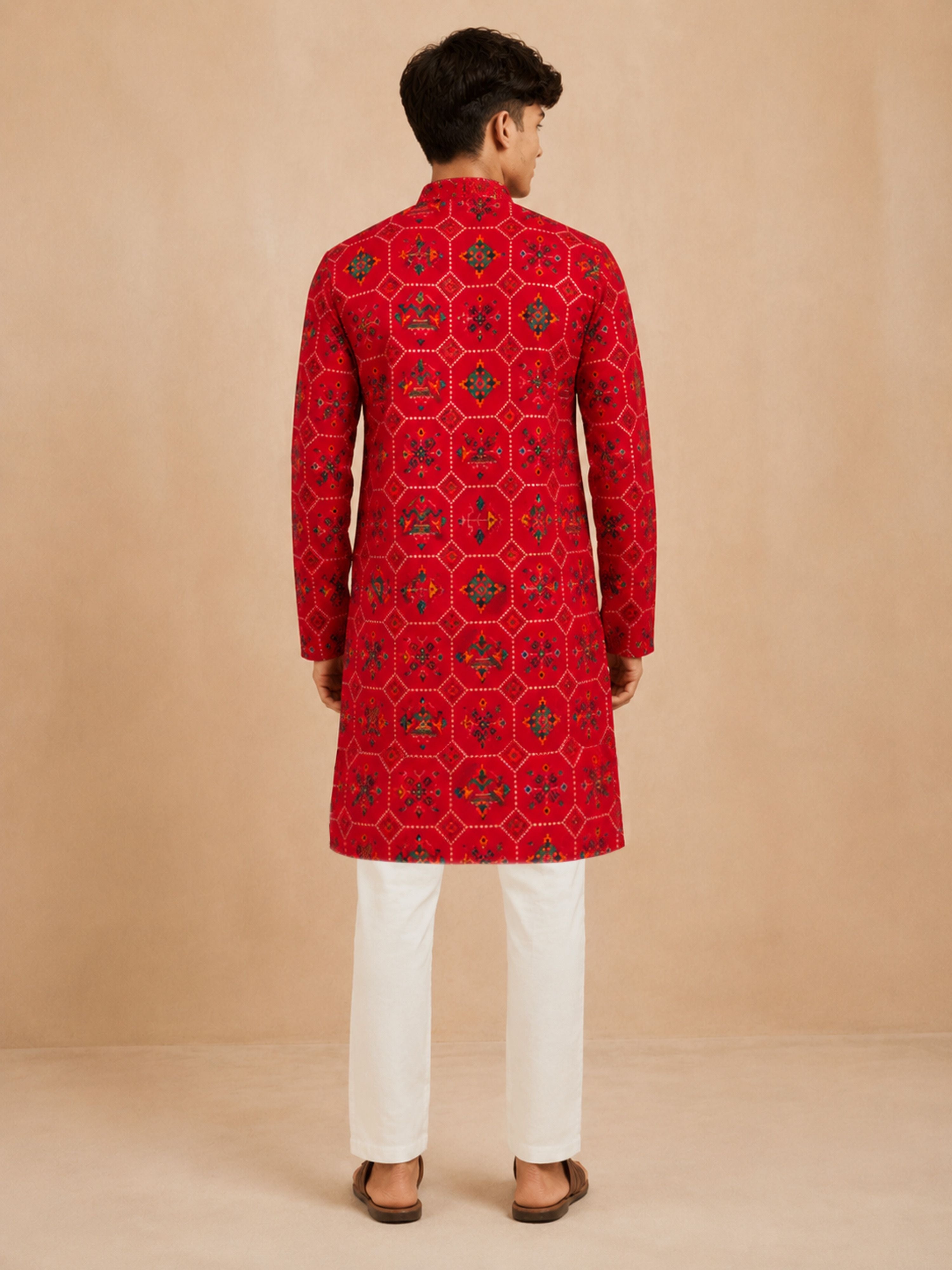 Boy's Red Rayon Geometric Print Knee Length Kurta and Pyjama Set