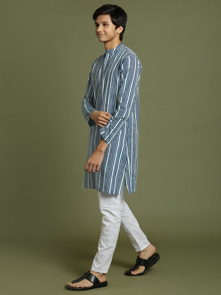 YUVA BY VASTRAMAY Boys' Indigo Blue Striped Kurta And Pyjama Set
