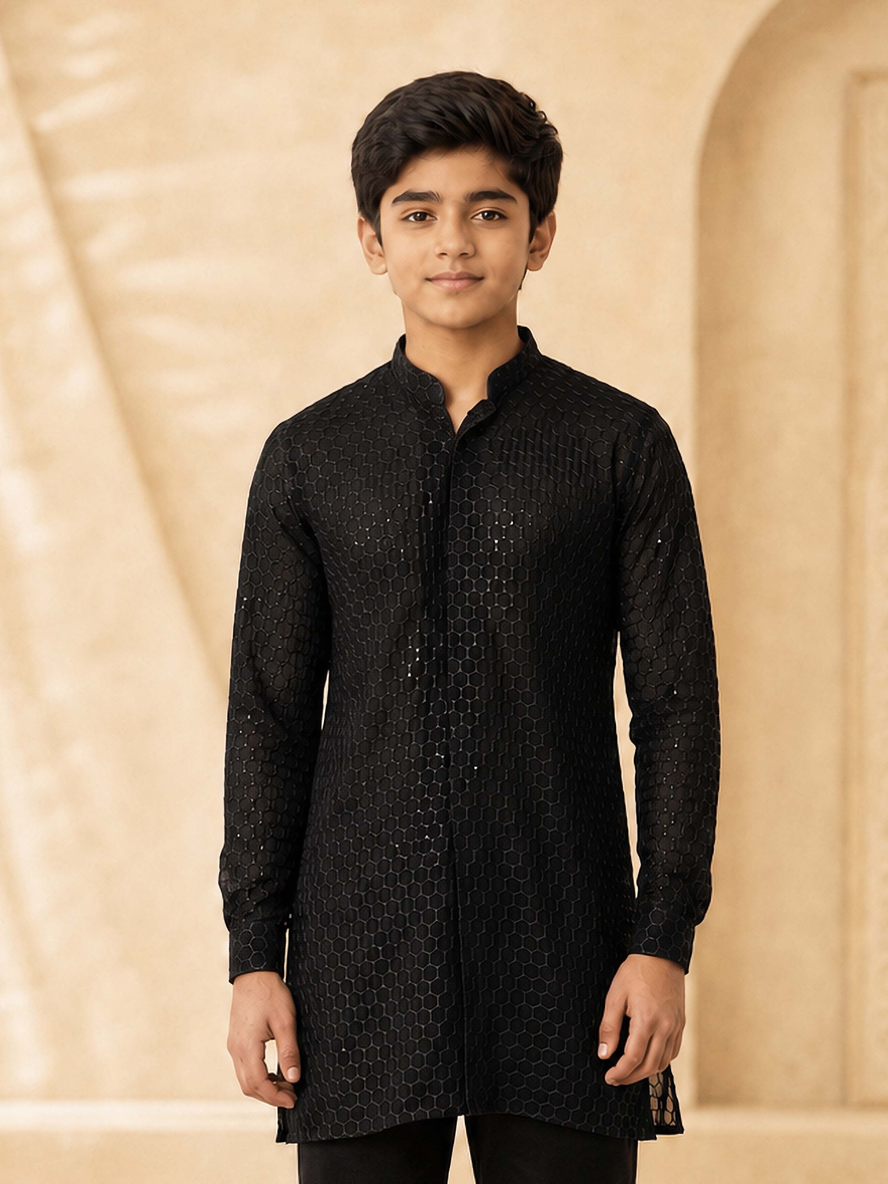 Boy Black Georgette Kurta Festive, Festive Glitz, Indated Traditions, Summer / Casual, All regions Ethnic Wear