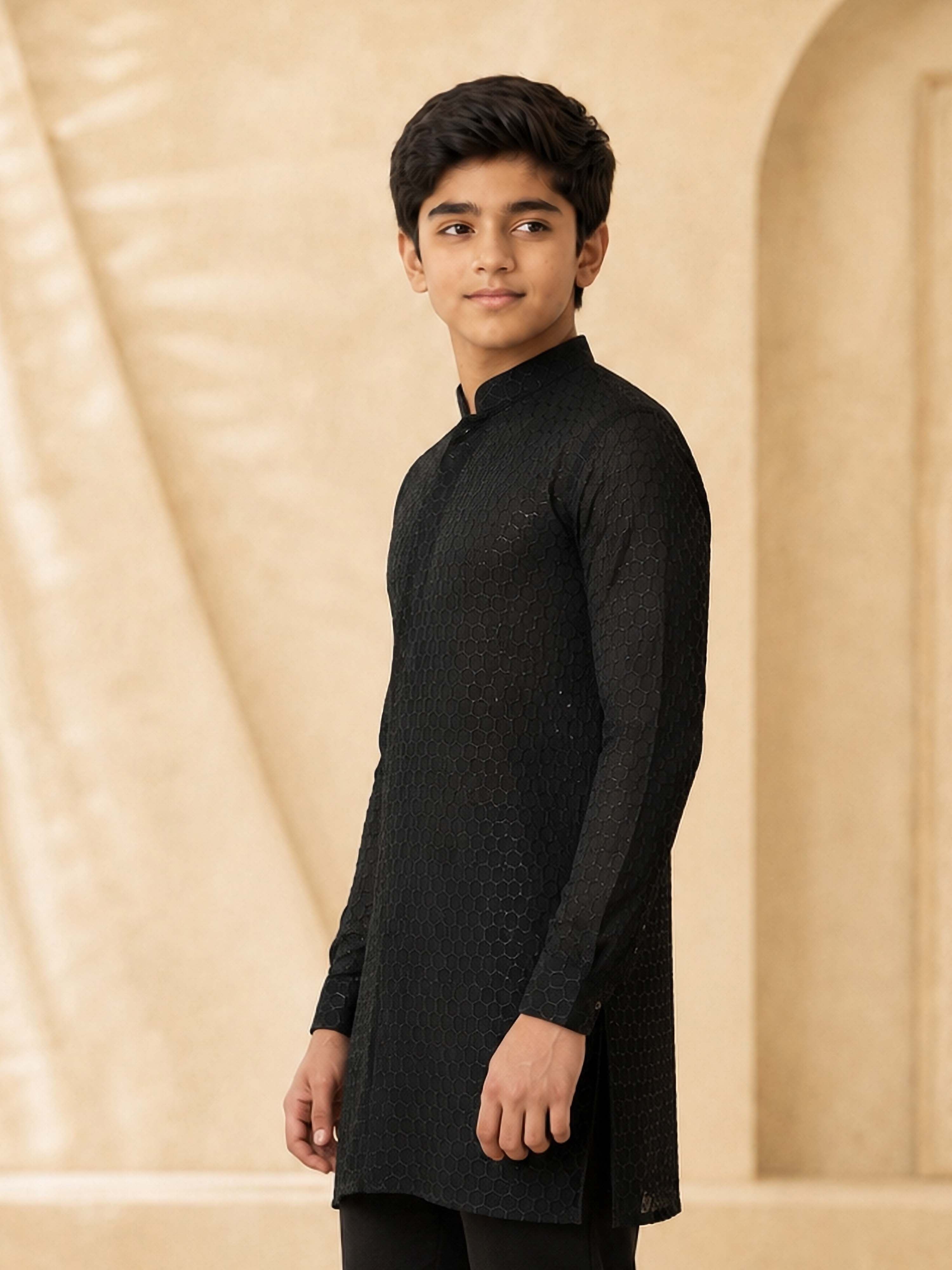 Boy's Black Georgette Embroidered Thigh Length Kurta